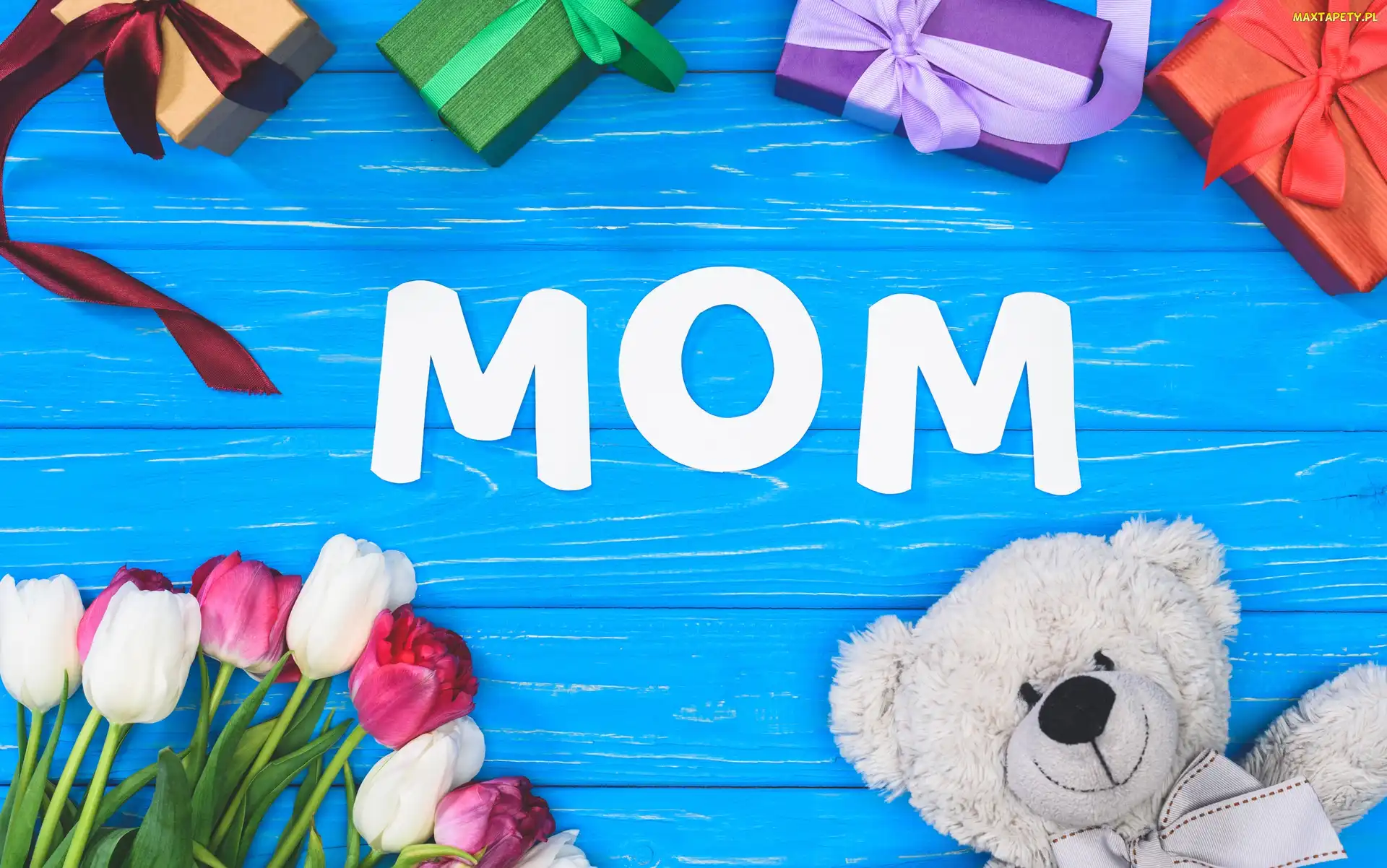Kwiaty, Niebieskie, Miś, Deski, Dzień Matki, Mom, Tulipany, Prezenty, Napis