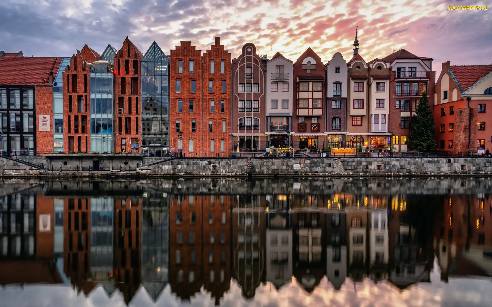 Gdańsk, Odbicie, Domy, Rzeka Motława, Polska