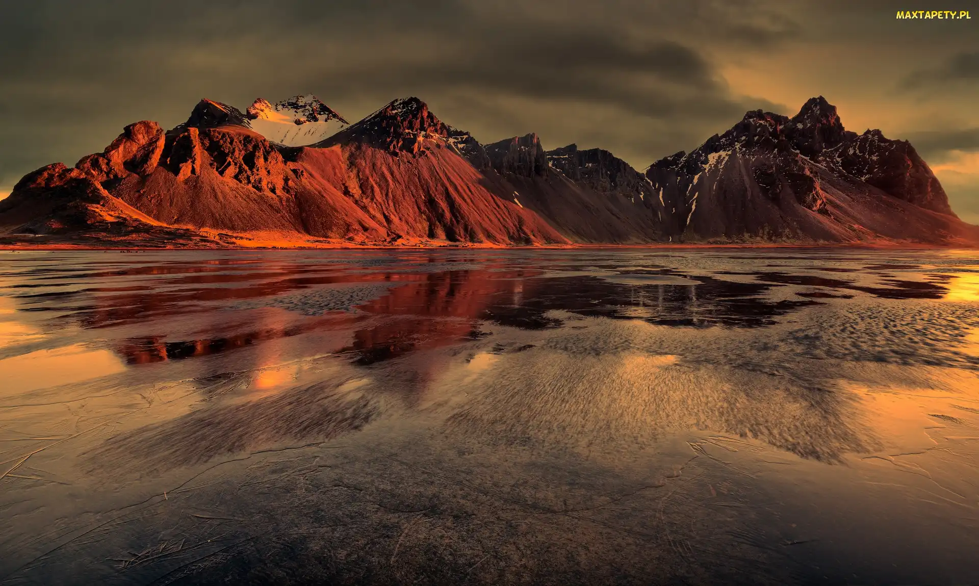 Plaża Stokksnes, Góry, Zachód słońca, Islandia, Góra Vestrahorn