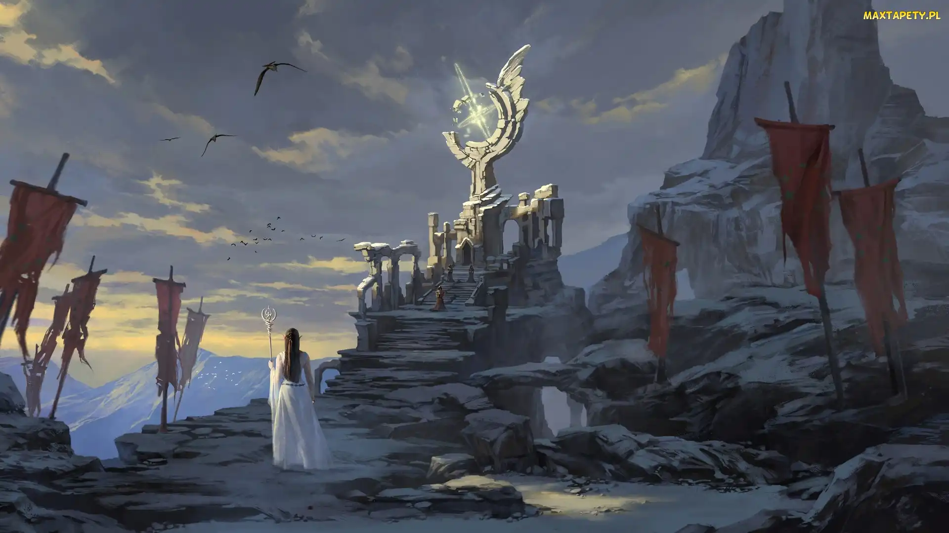 Skały, Postacie, Fantasy, Ruiny, Elf, Góry, Chorągwie, Dziewczyna