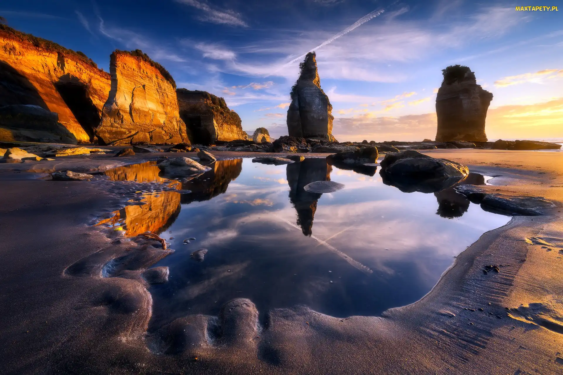 Skały, Plaża, Region Taranaki, Nowa Zelandia, Tongaporutu, Zachód słońca