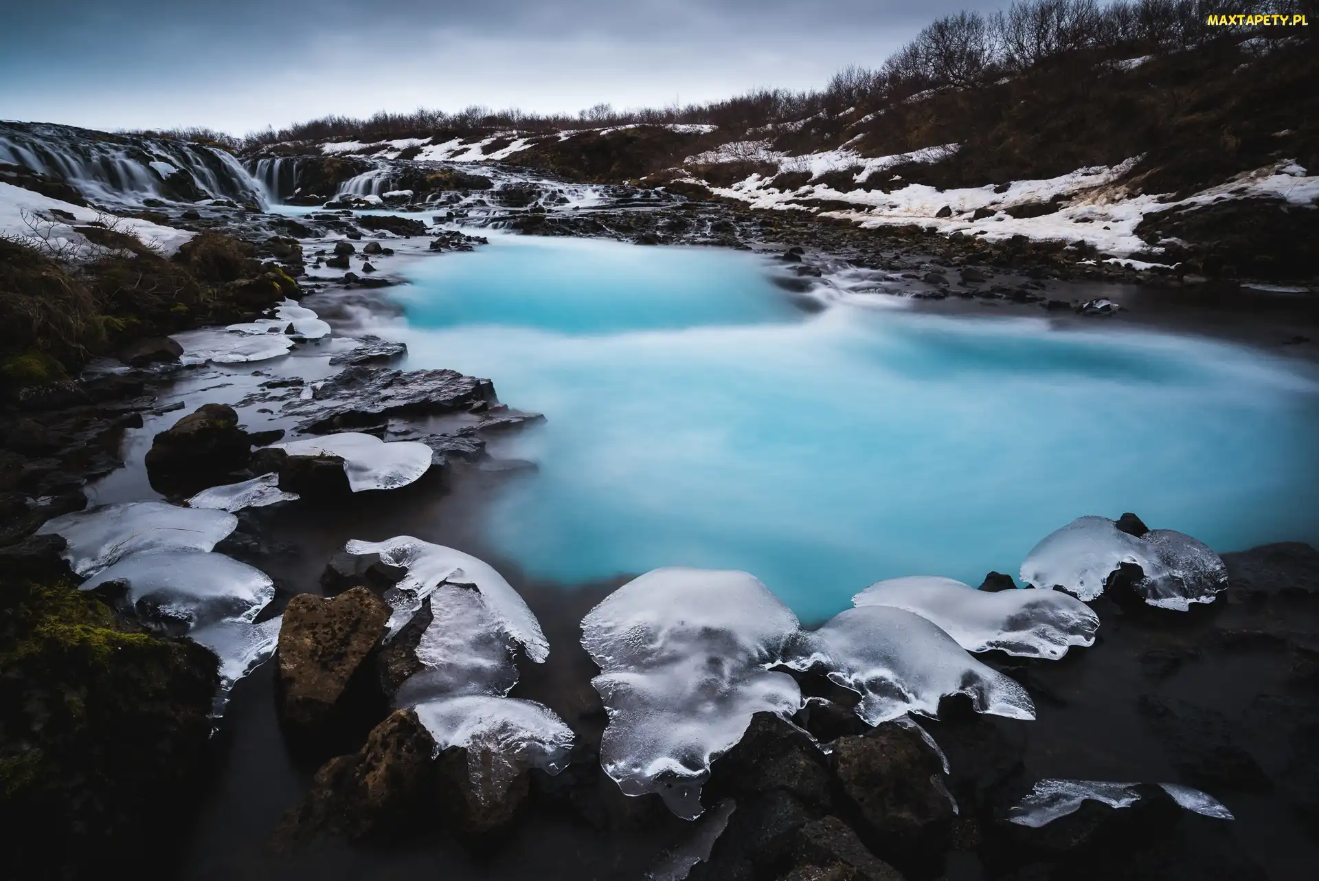 Wodospad Bruarfoss Waterfall, Śnieg, Zima, Islandia, Rzeka Bruara
