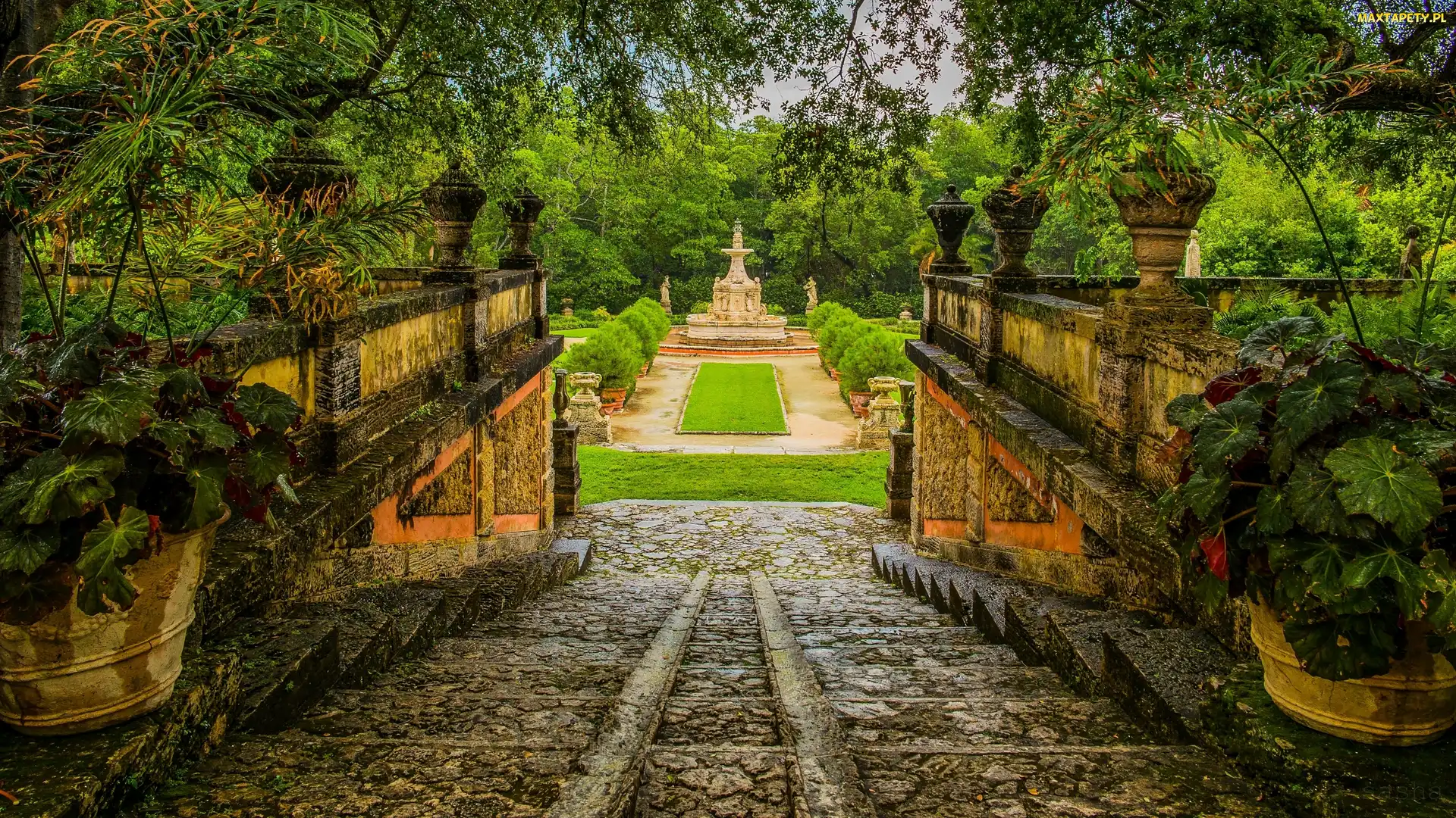 Ogród, Vizcaya Museum and Gardens, Park, Murek, Stan Floryda, Schody, Stany Zjednoczone, Miami