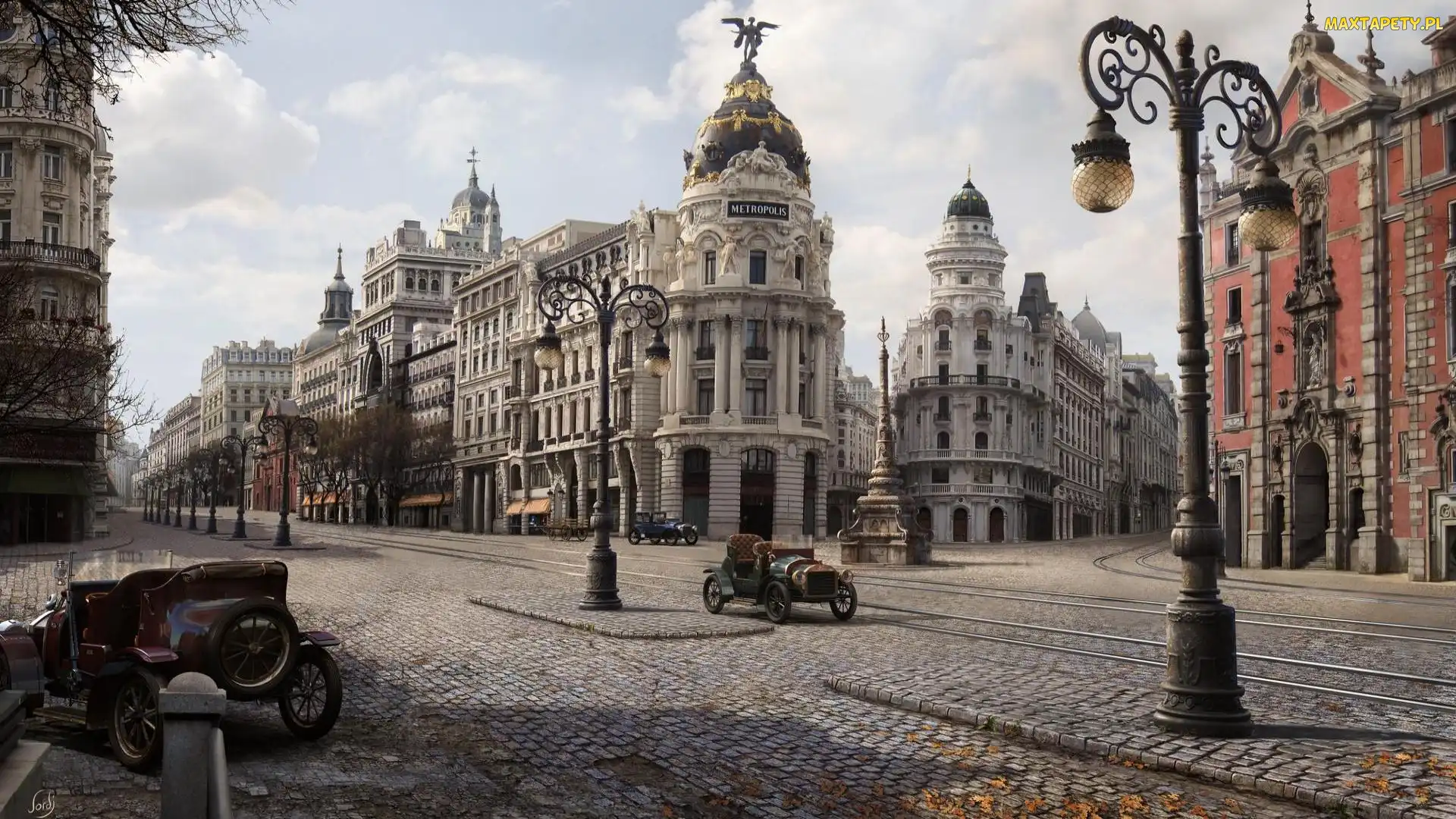 Matte painting, Samochody, Zabytkowe, Latarnie, Biurowiec Metropolis, Madryt, Ulica Gran Via, Rok 1900, Hiszpania, Kamienice