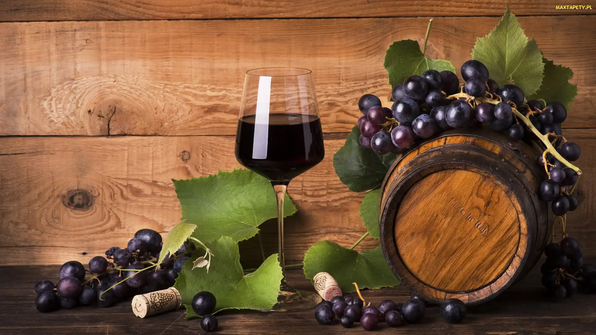 Wino, Kieliszek, Korki, Winogrona, Liście, Beczka
