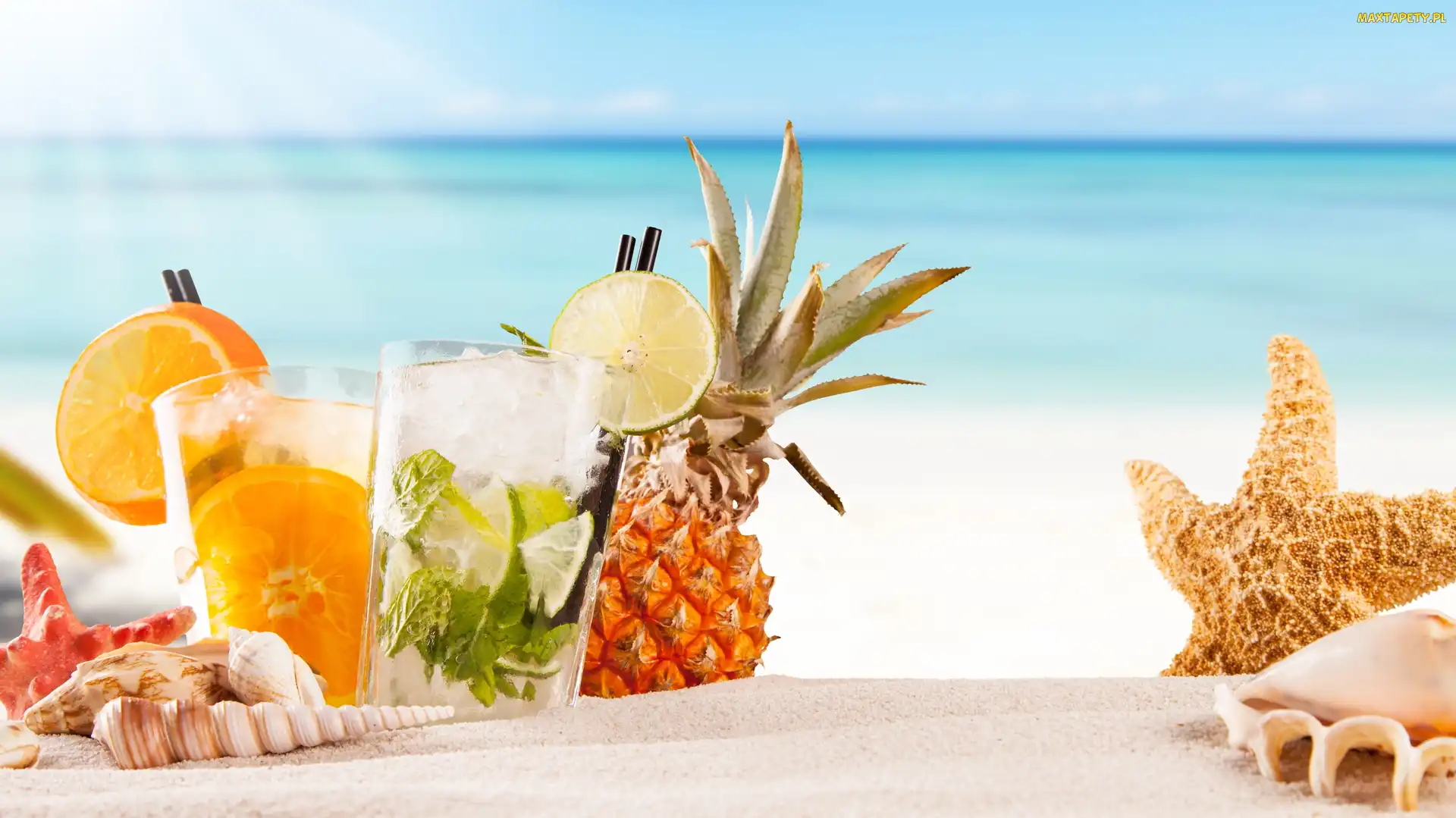 Muszelki, Drinki, Wakacje, Ananas, Piasek, Promienie słońca, Rozgwiazdy