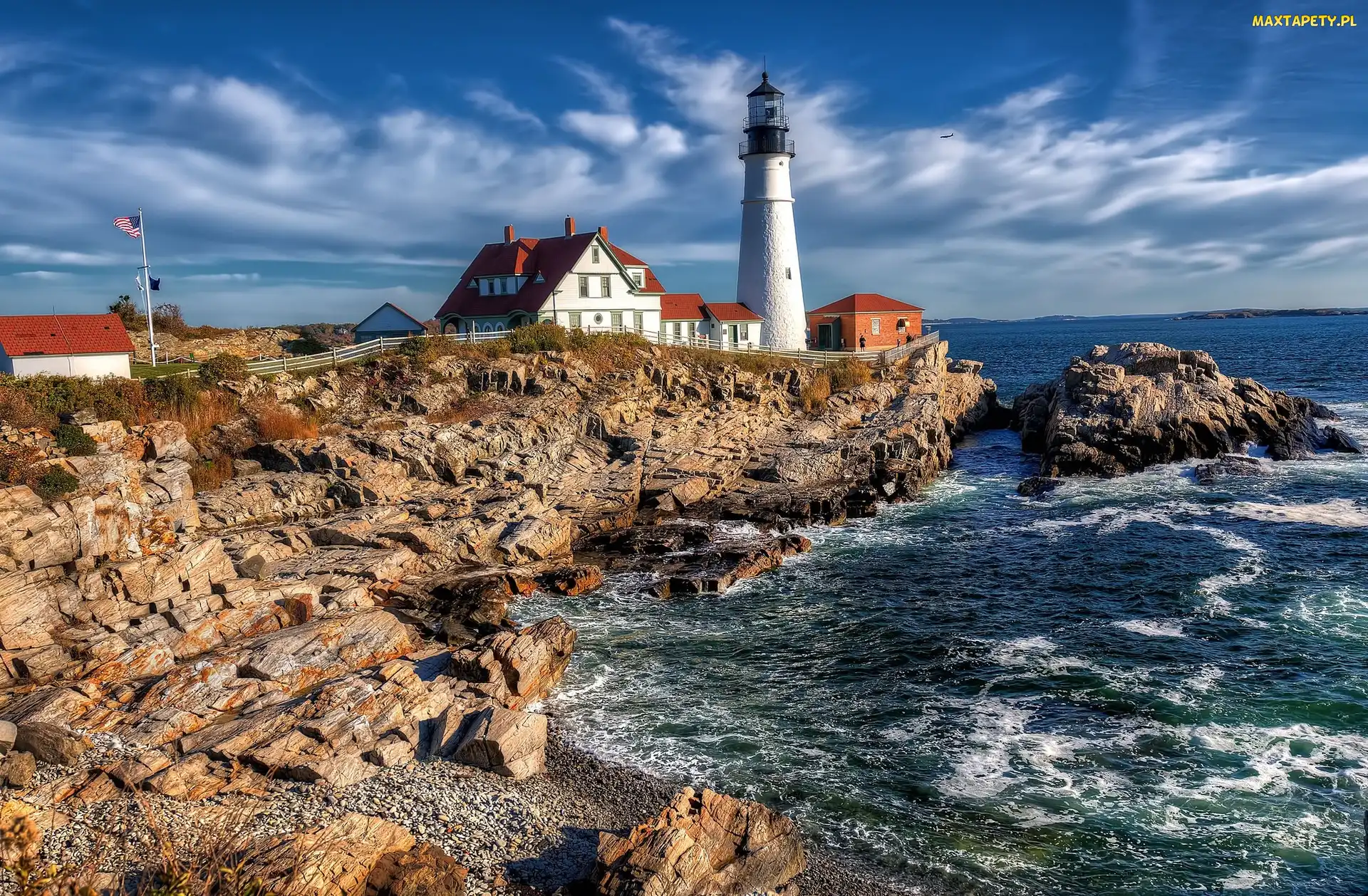 Morze, Stany Zjednoczone, Zatoka Casco, Skały, Stan Maine, Latarnia morska Portland Head Light, Cape Elizabeth