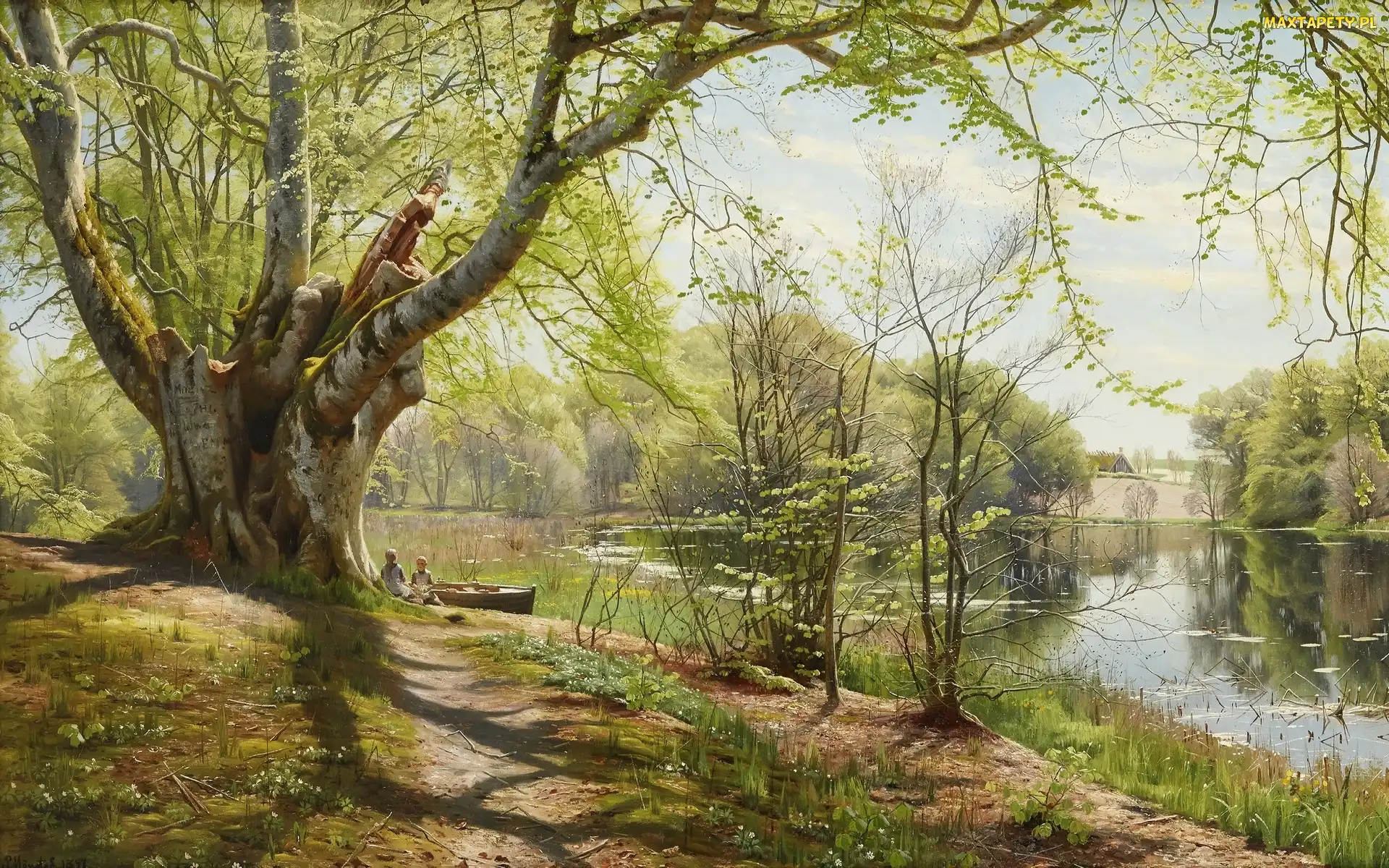 Ścieżka, Łódka, Peder Monsted, Obraz, Rzeka, Drzewo