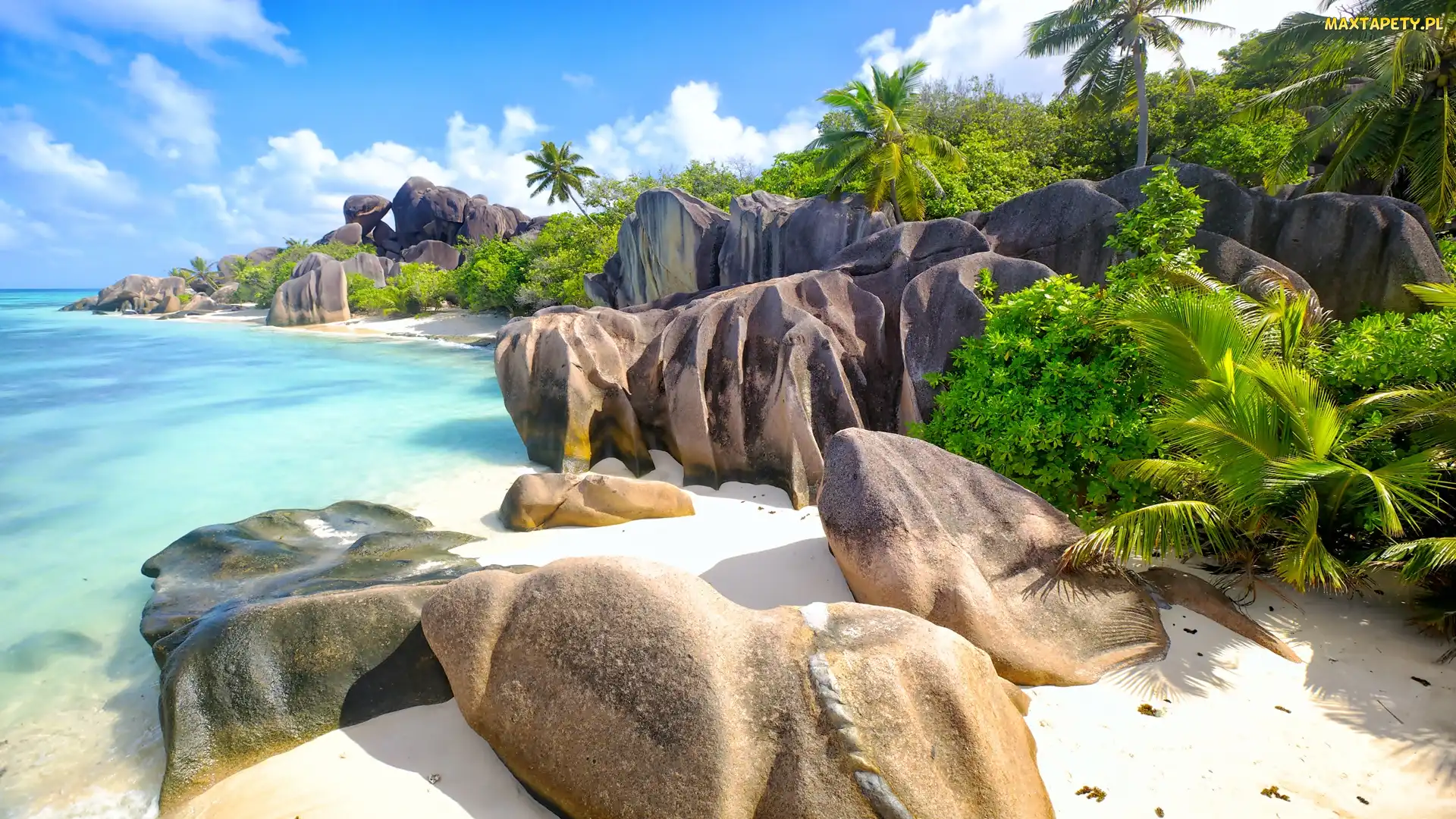 Skały, Wyspa La Digue, Seszele, Chmury, Palmy, Głazy, Roślinność, Plaża Source dArgent Morze