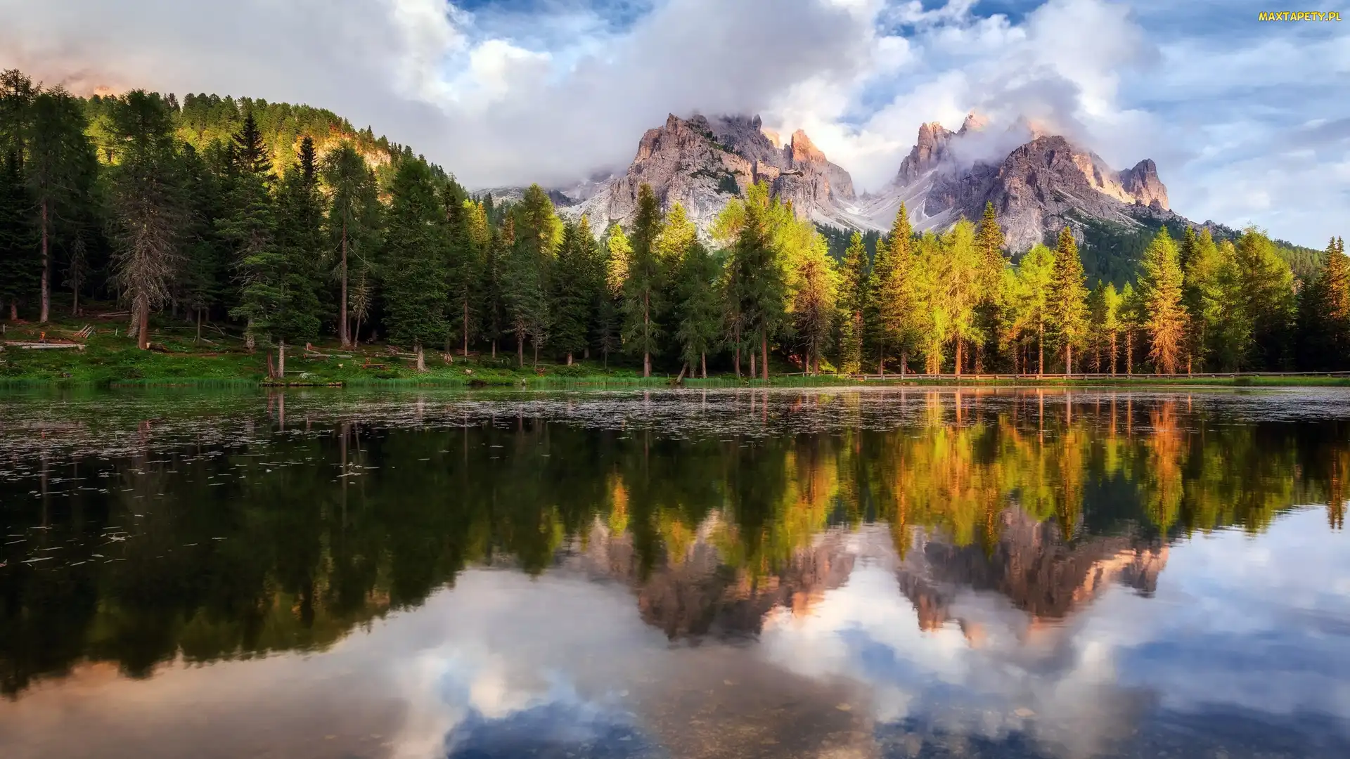 Las, Region Cadore, Góry Dolomity, Jezioro Antorno, Chmury, Drzewa, Odbicie, Włochy
