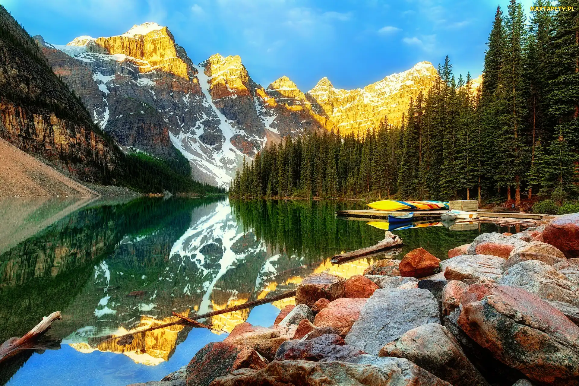Kanada, Kamienie, Jezioro Moraine, Odbicie, Dolina Dziesięciu Szczytów, Las, Prowincja Alberta, Park Narodowy Banff, Góry