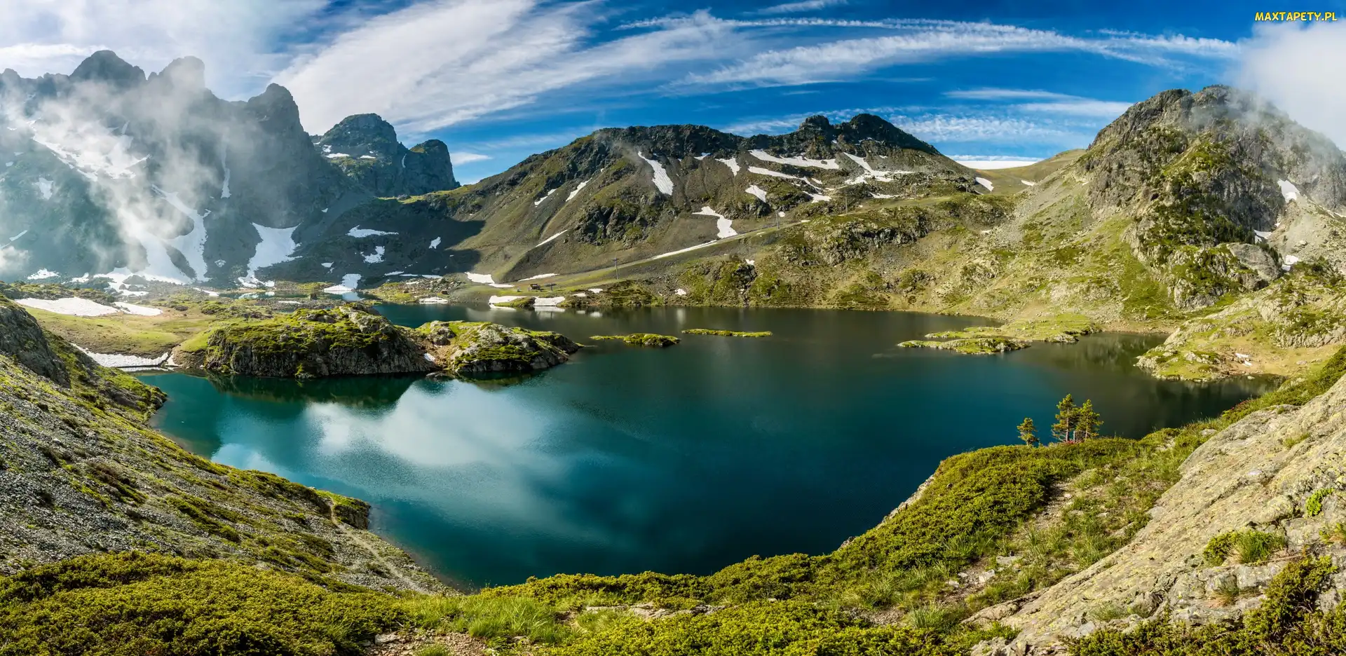 Chmury, Mgła, Góry Alpy, Francja, Pasmo Belledonne, Jezioro