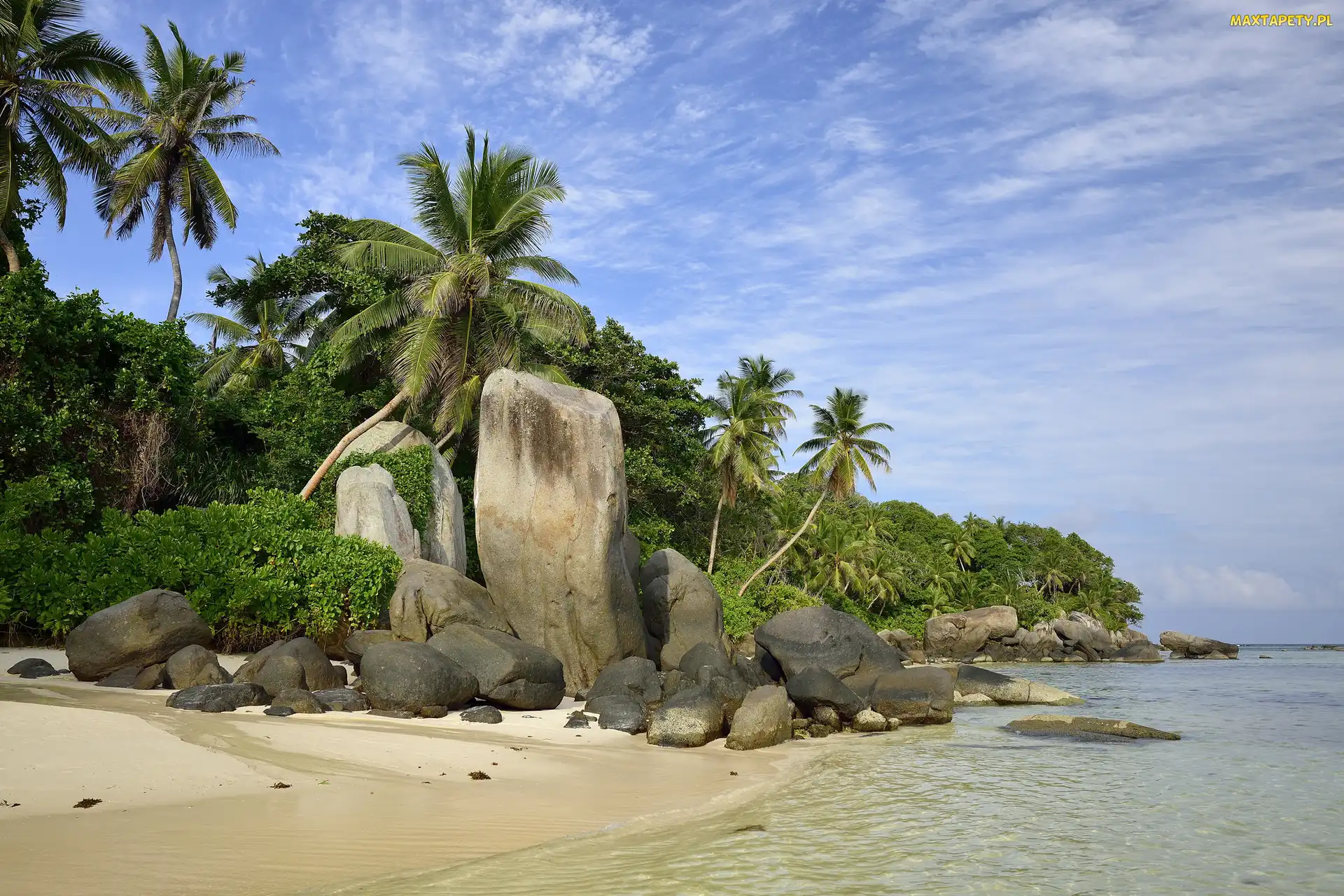 Seszele, Roślinność, Głazy, Chmury, Palmy, Skały, Plaża Anse Source D Argent, Wyspa La Digue, Morze
