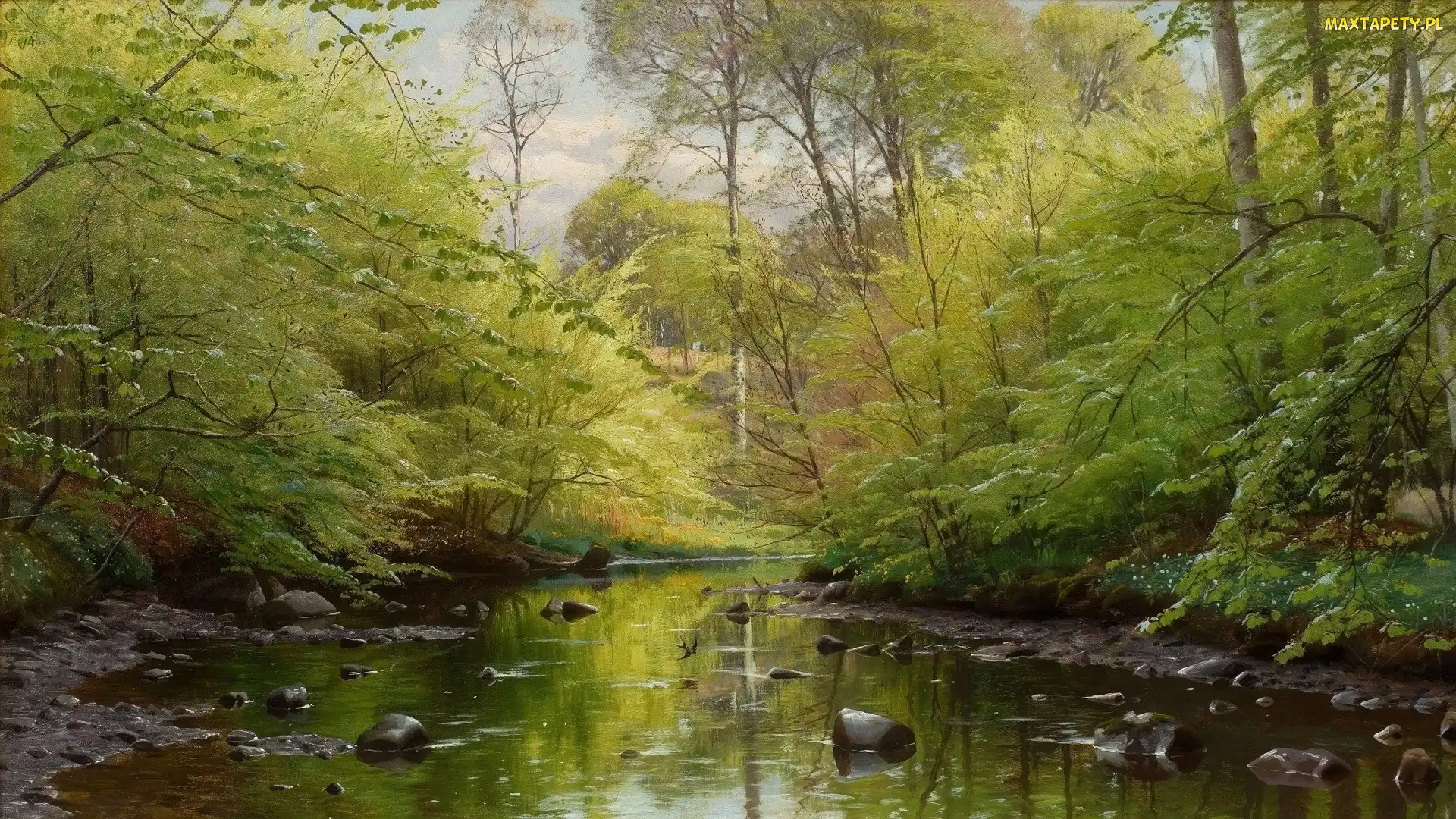 Kamienie, Rzeka, Obraz, Peder Mork Monsted, Las, Drzewa