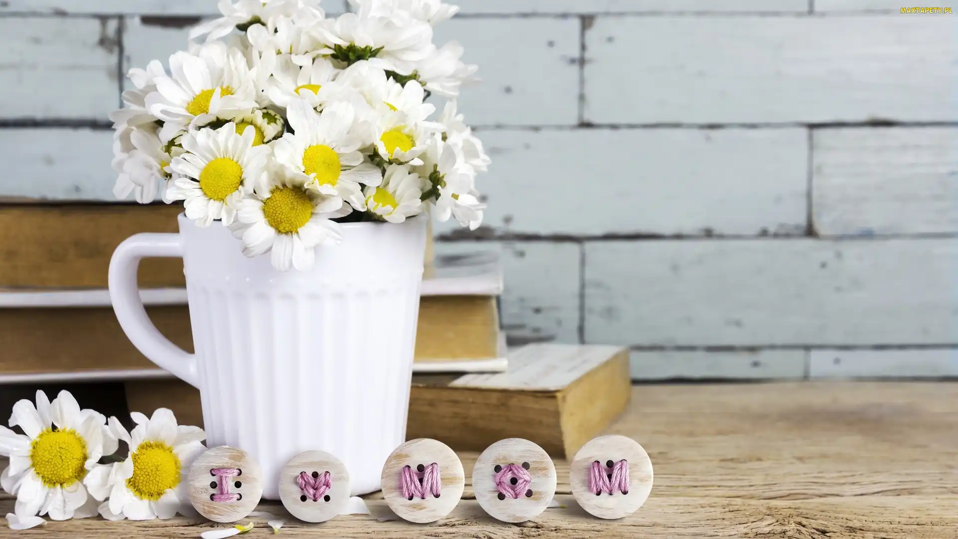 Kwiaty, Guziczki, Kubek, Książki, I love Mom, Margerytki, Dzień Matki, Napis