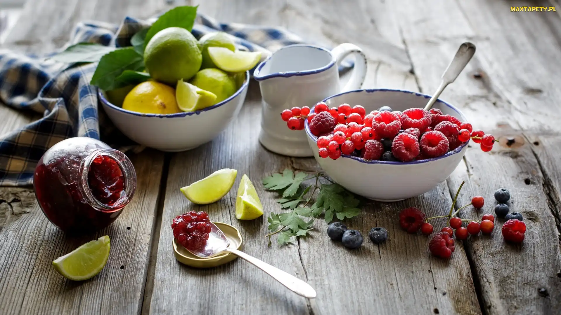 Miseczki, Limonki, Maliny, Dzbanuszek, Cytryny, Owoce, Porzeczka
