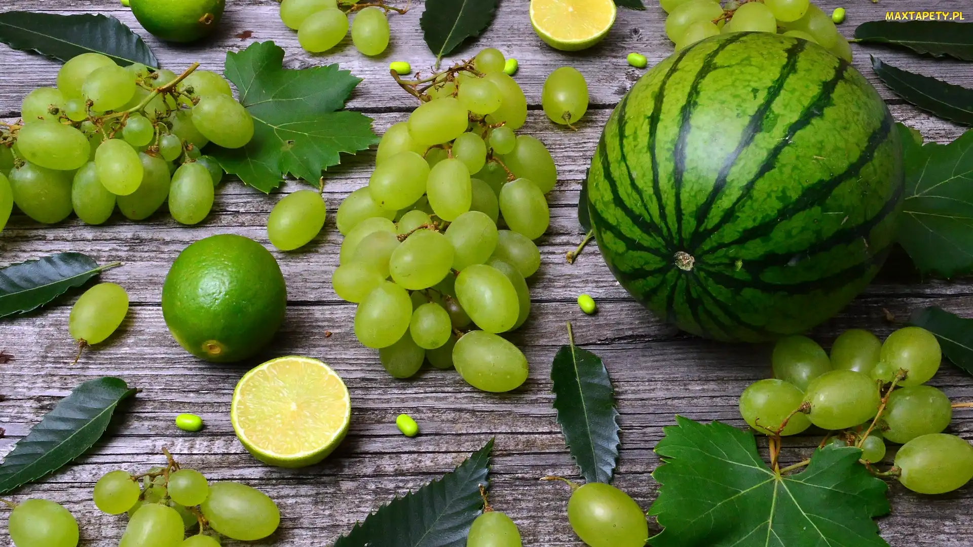 Zielone, Deski, Winogrona, Owoce, Liście, Arbuz, Limonka