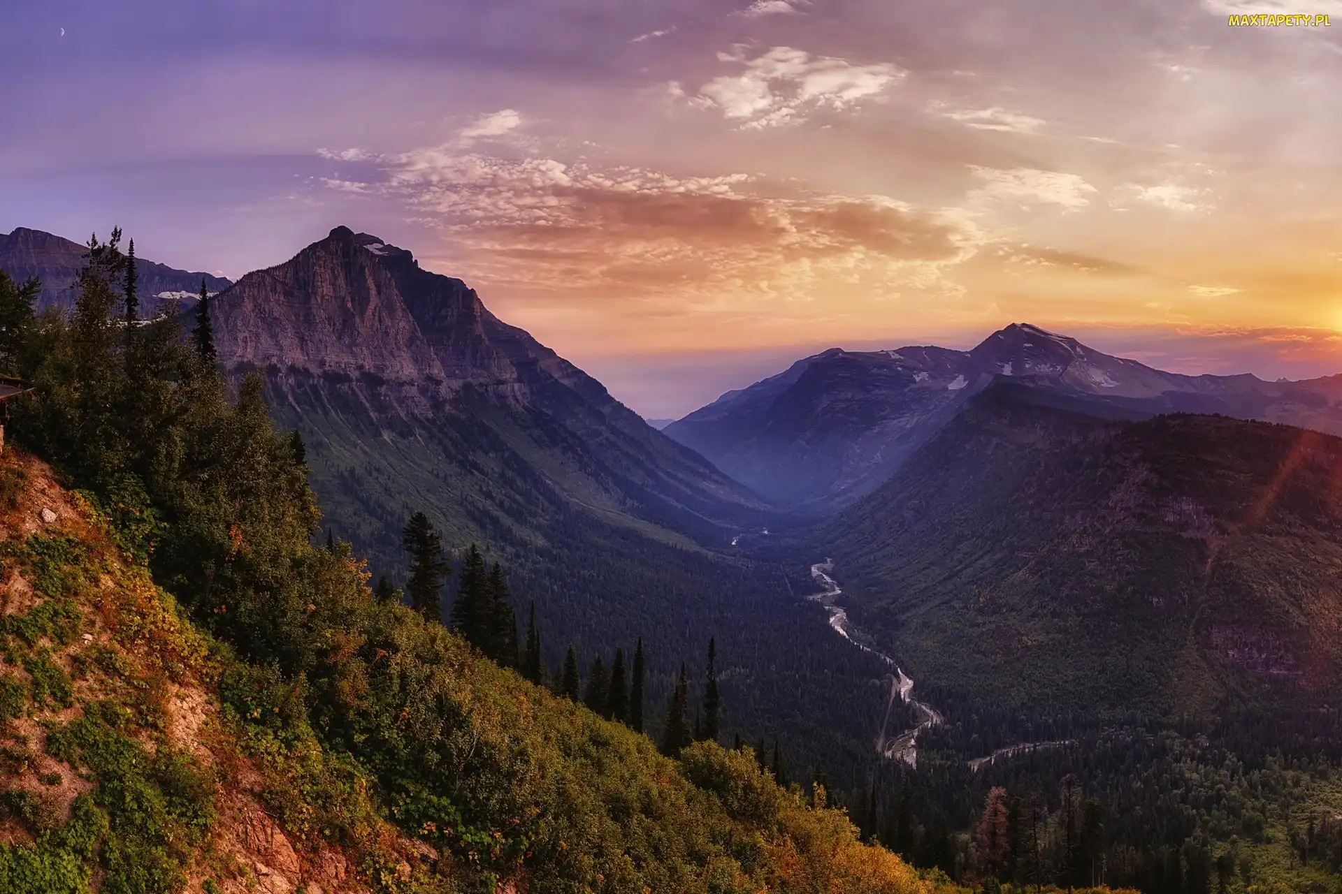 Las, Rzeka, Stan Montana, Zachód słońca, Góry, Stany Zjednoczone, Park Narodowy Glacier