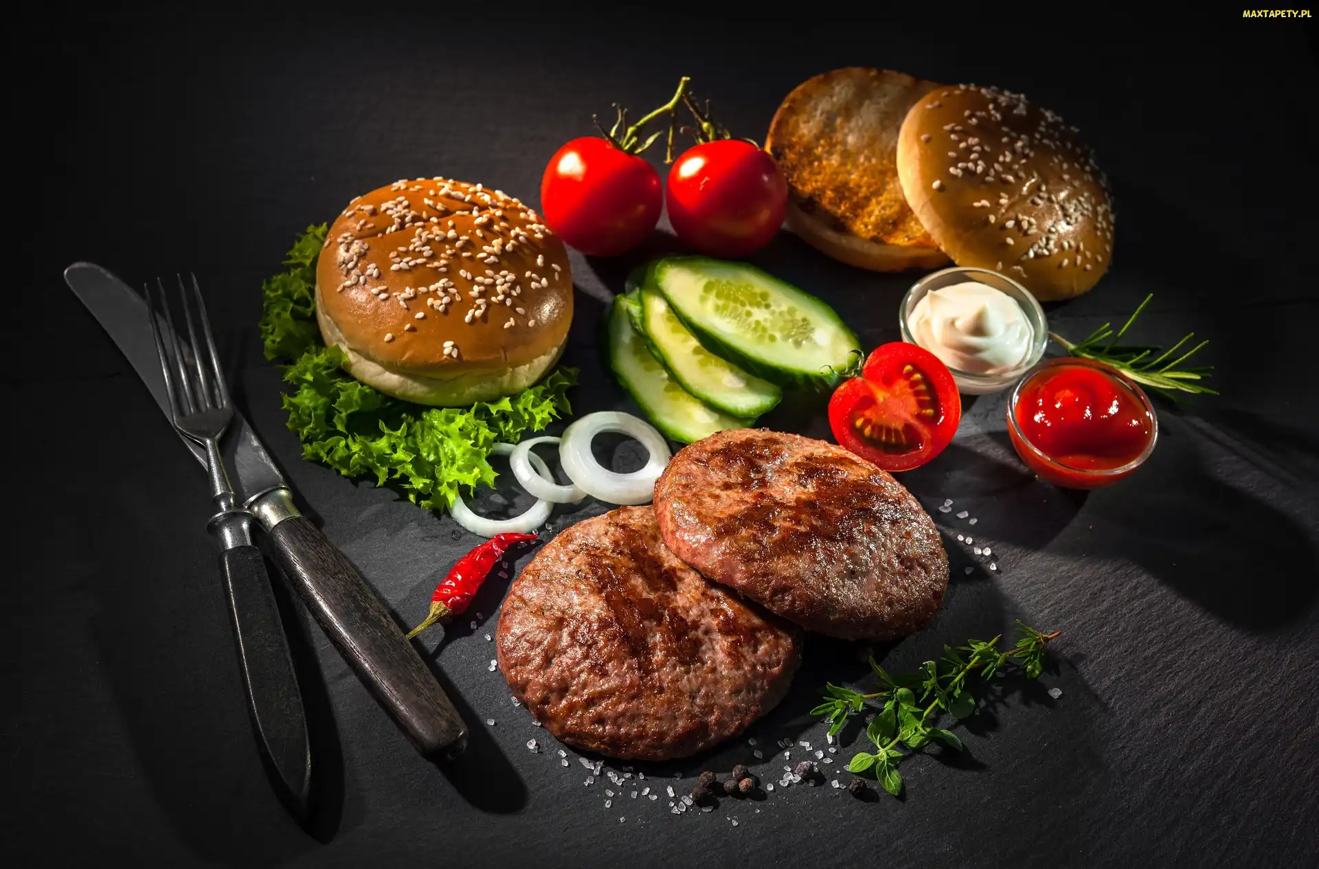 Papryka, Cebula, Składniki, Sztućce, Pomidory, Hamburgery, Ogórki