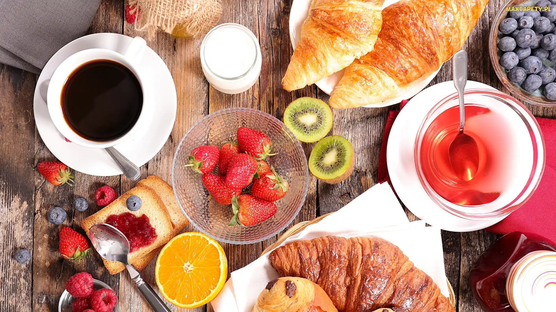 Owoce, Truskawki, Kawa, Śniadanie, Rogaliki, Croissanty