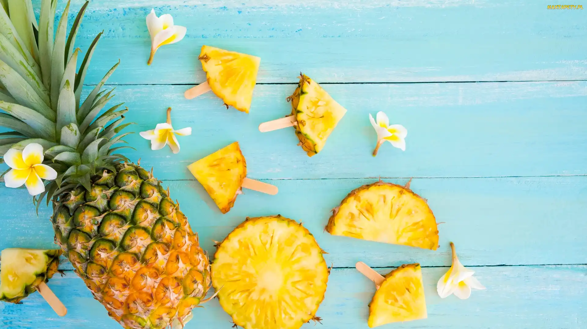 Plasterki, Deski, Plumeria, Kwiaty, Ananas