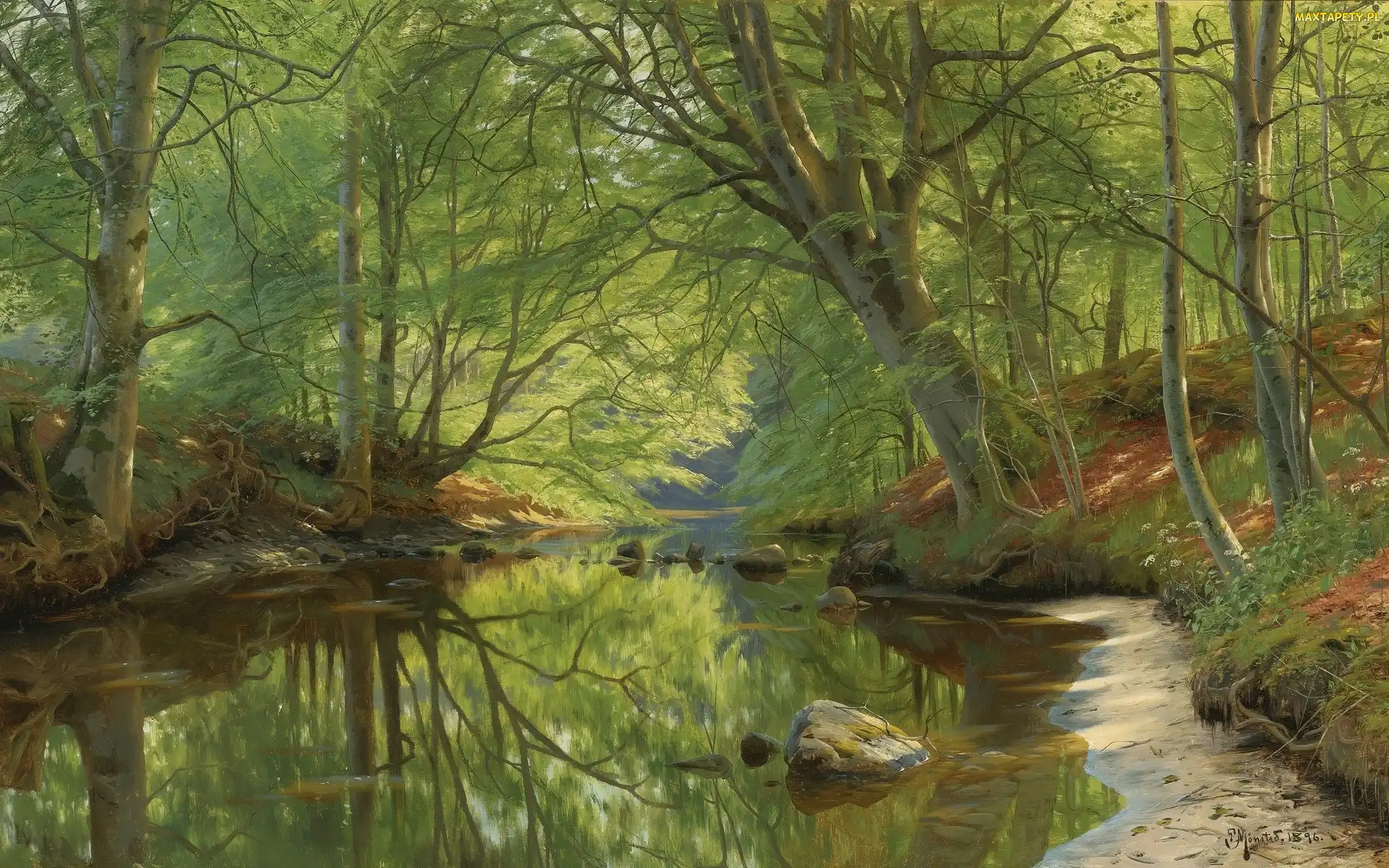 Malarstwo, Rzeka, Las, Drzewa, Peder Monsted