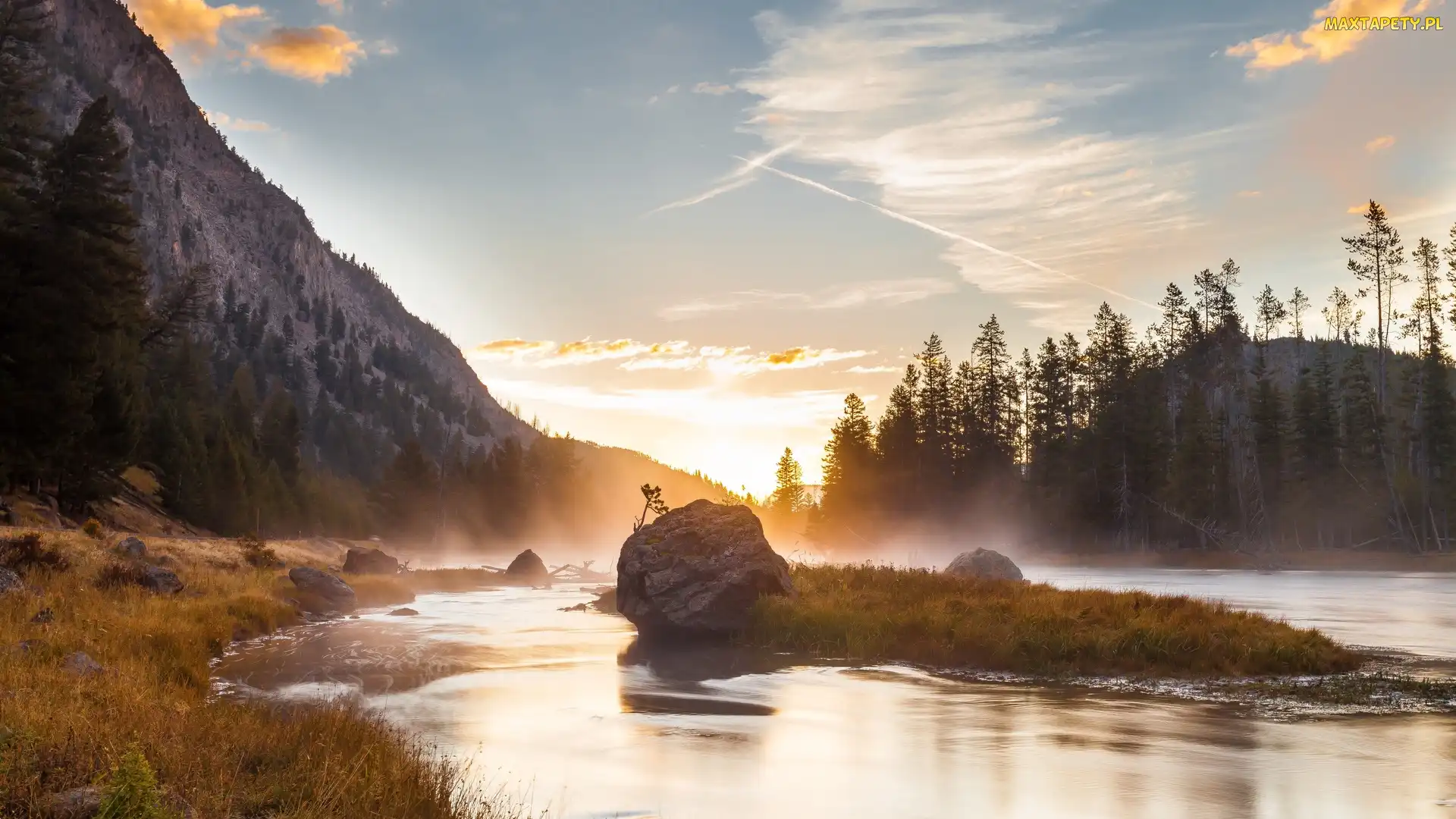 Stan Wyoming, Park Narodowy Yellowstone, Gorące źródła, Stany Zjednoczone, Kamienie, Rzeka, Góry