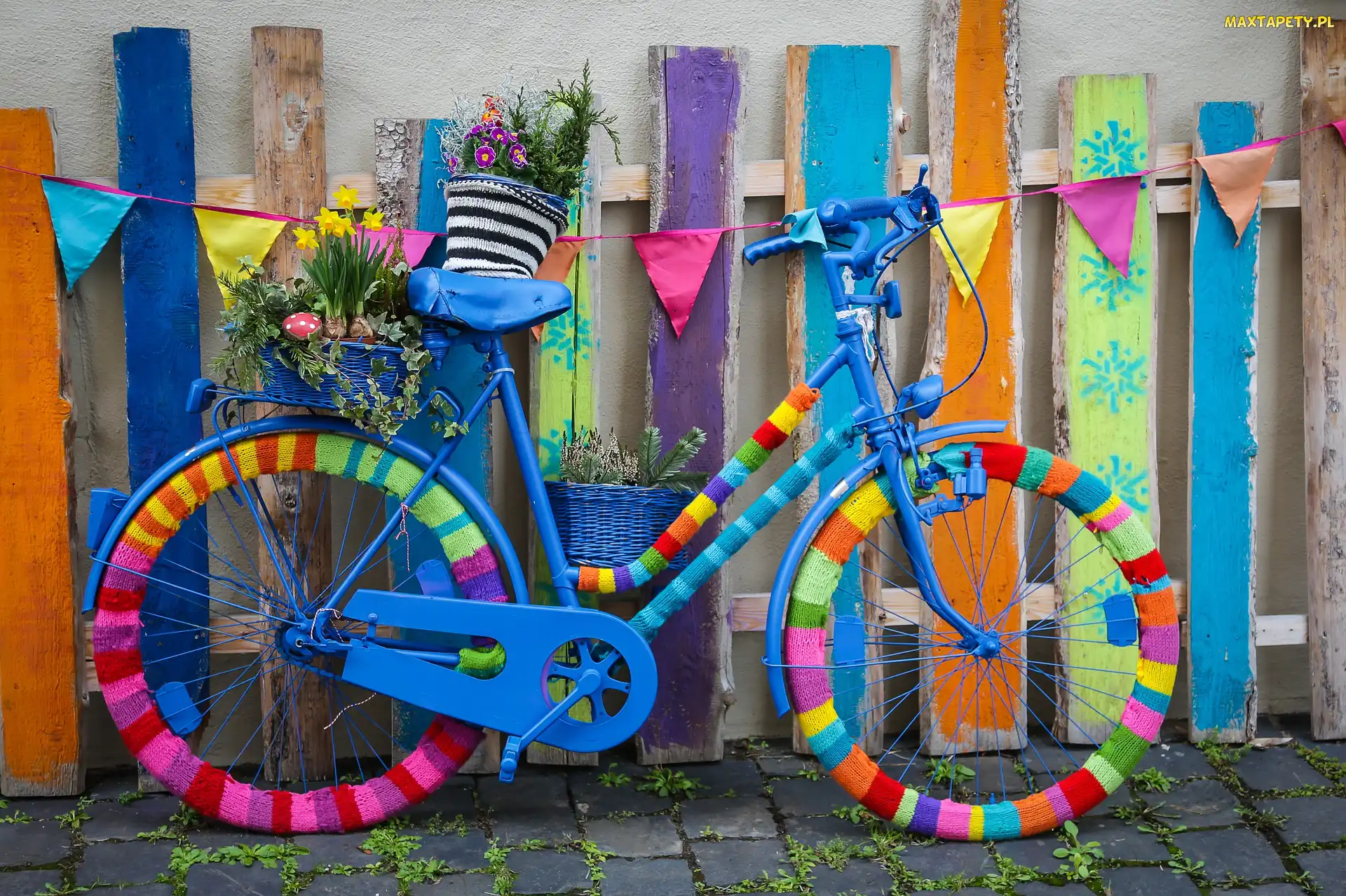Płot, Kwiaty, Dzianina, Rower, Kolorowa, Handmade