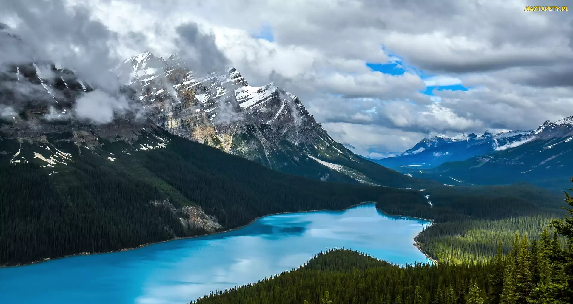 Drzewa, Las, Park Narodowy Banff, Chmury, Jezioro Peyto Lake, Kanada, Góry Canadian Rockies