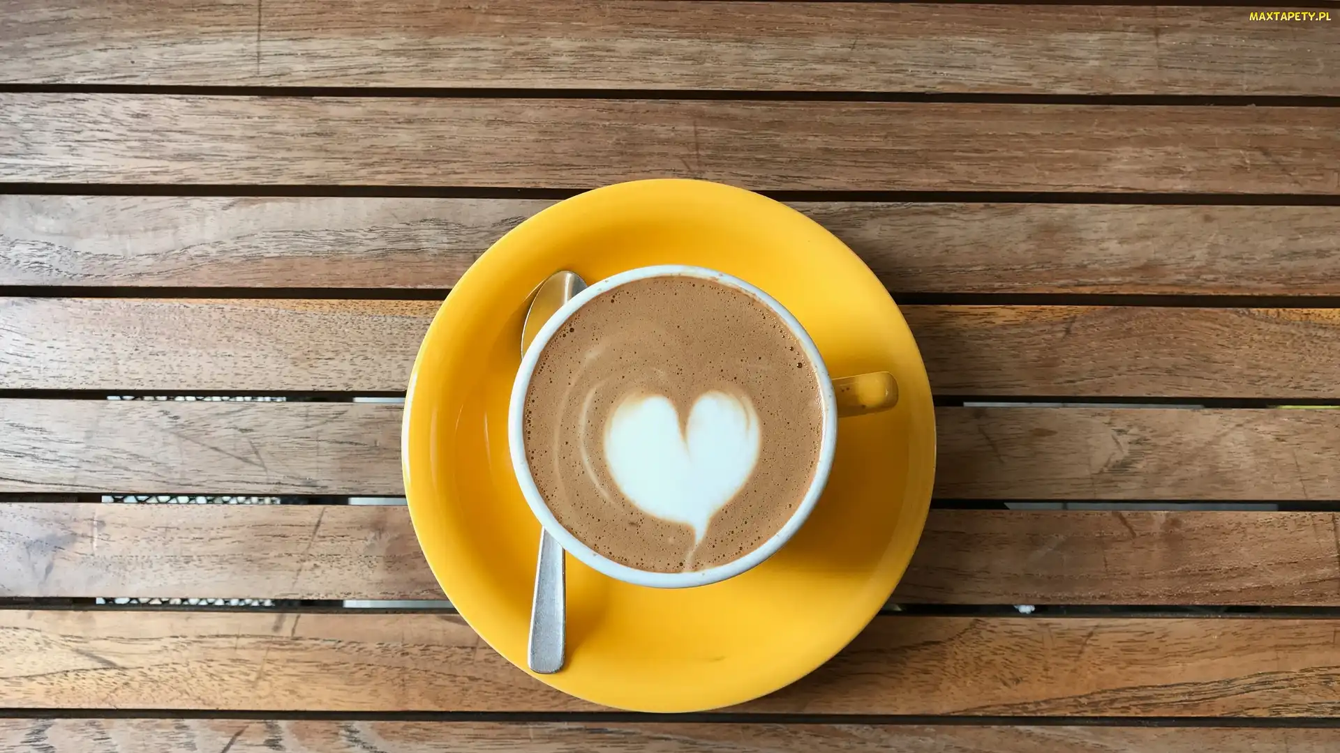 Cappuccino, Łyżeczka, Kawa, Serce, Filiżanka, Pianka, Deski, Żółta