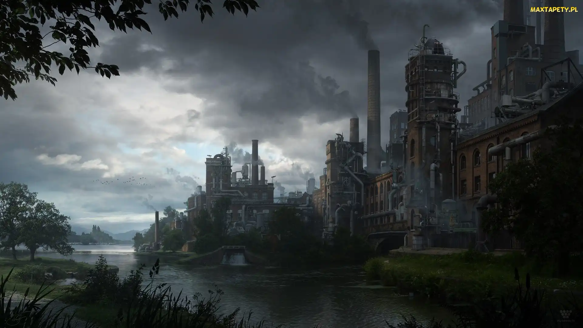 Budynki, Kominy, Rzeka, Przemysł, Chmury, Fabryka, Matte Painting, Niebo