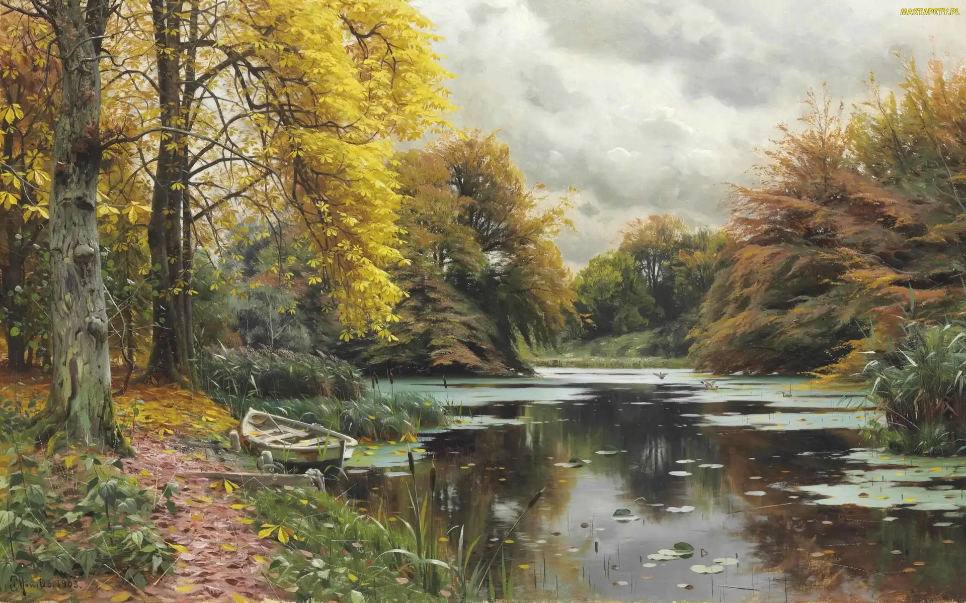 Pejzaż, Rzeka, Reprodukcja, Obraz, Peder Mork Monsted, Drzewa, Las, Łódka, Jesień
