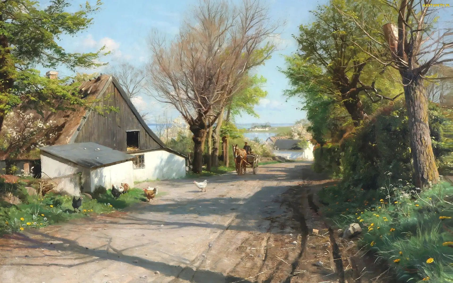Woźnica, Kury, Drzewa, Pejzaż, Peder Mork Monsted, Wiosna, Obraz, Droga, Koń, Domy, Droga, Wieś