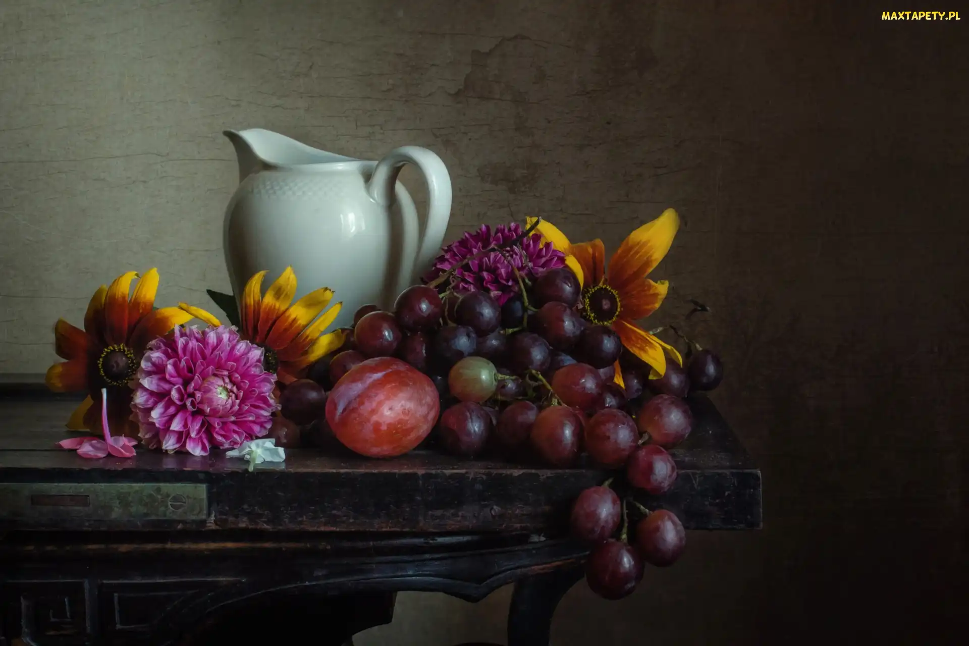 Dzbanek, Rudbekie, Porcelanowy, Chryzantemy, Winogrona, Kwiaty, Śliwka, Owoce