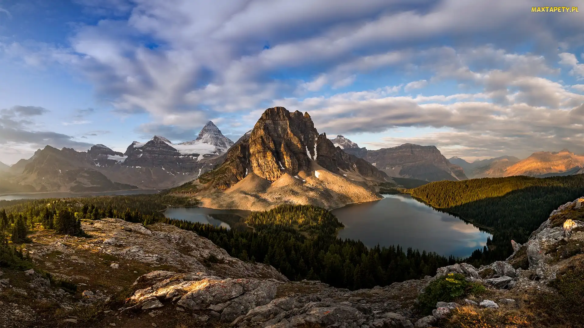 Park Prowincjonalny Mount Assiniboine, Chmury, Kolumbia Brytyjska, Poranek, Kanada, Jezioro Sunburst Lake, Góry, Góra Mount Assiniboine, Jezioro Cerulean