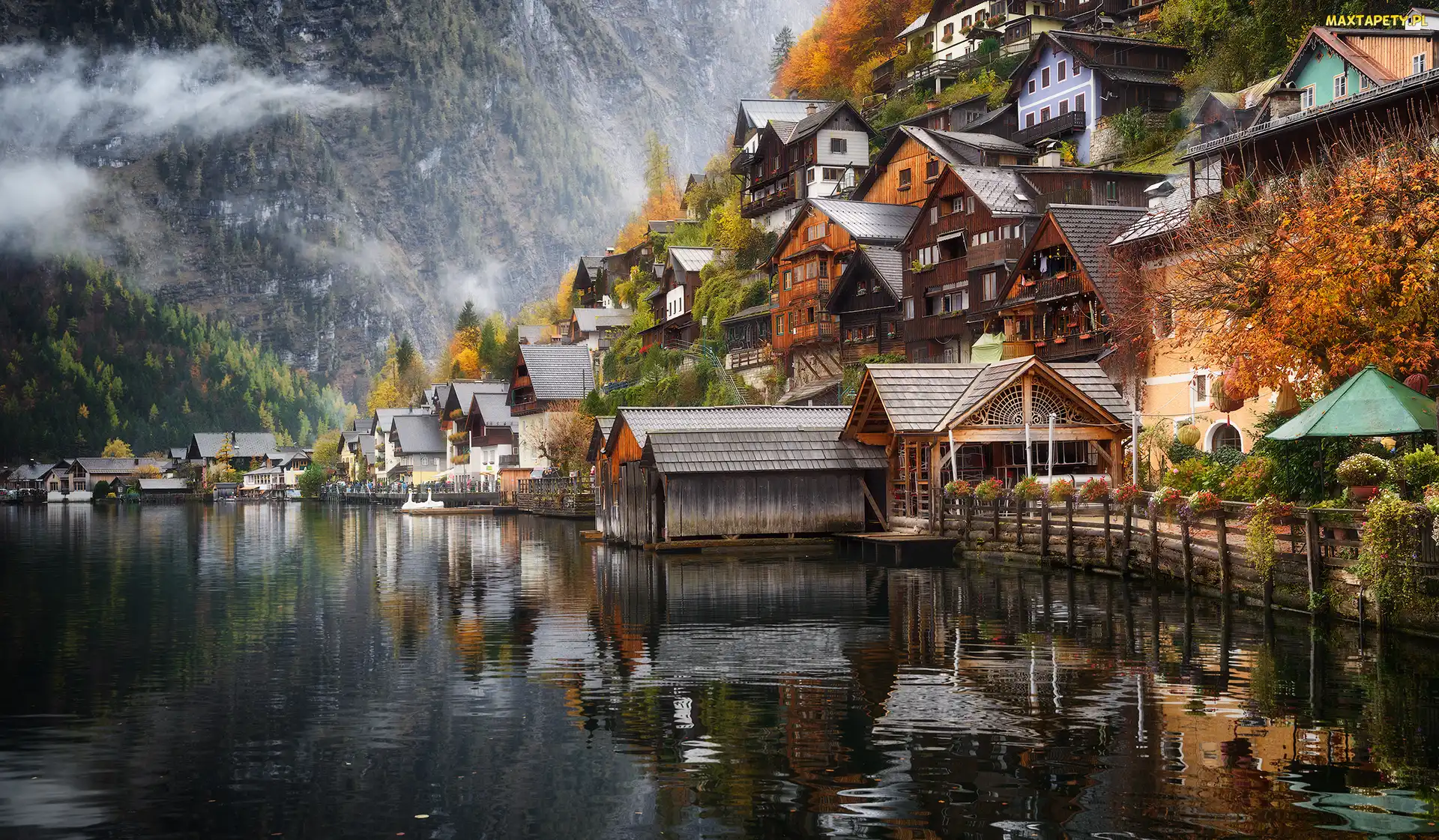 Jezioro Hallstattersee Jezioro, Alpy Salzburskie, Hallstatt, Austria, Domy, Góry