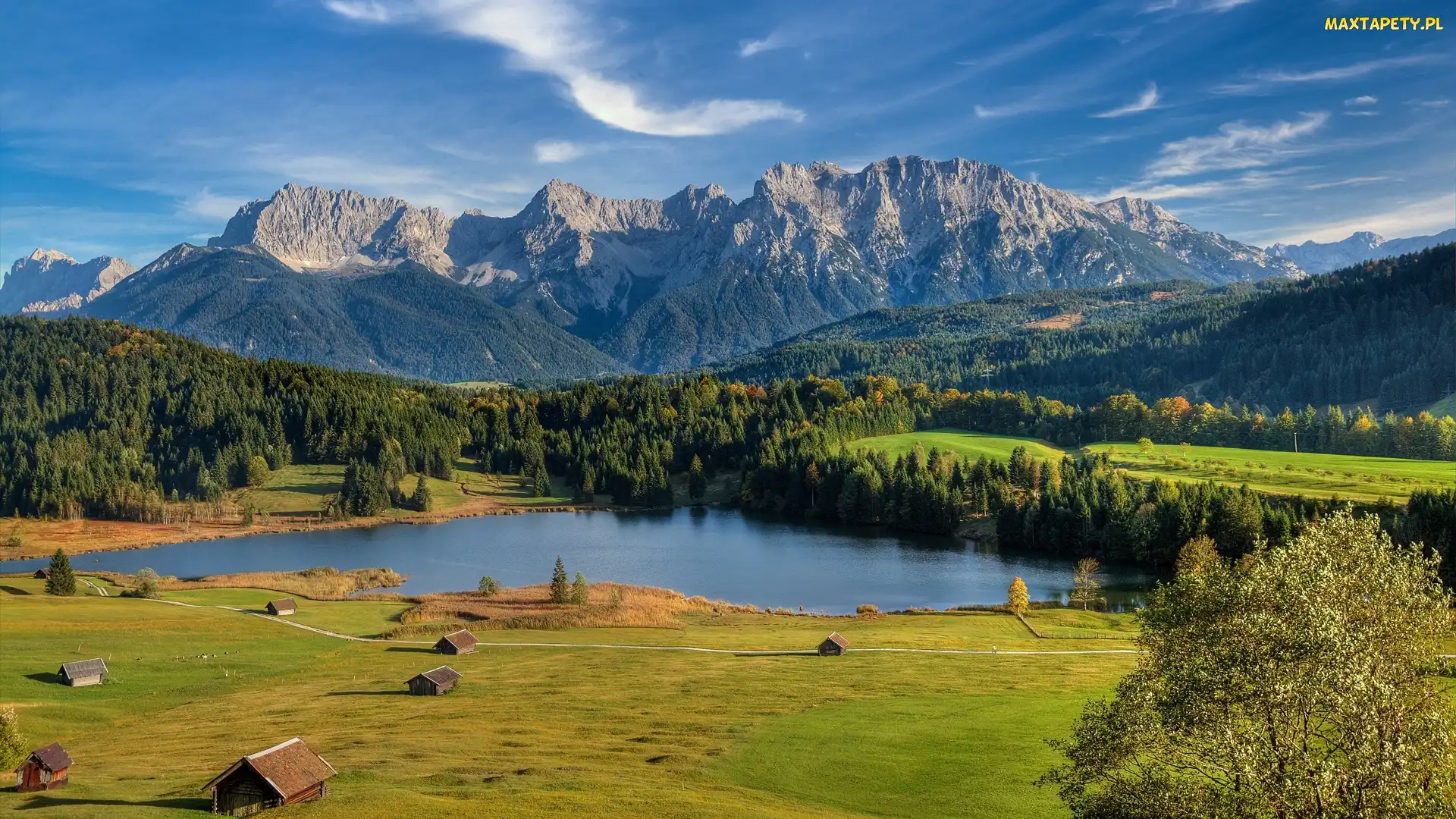 Bawaria, Lasy, Góry Alpy, Niemcy, Domki, Jezioro Geroldsee, Miejscowość Krun