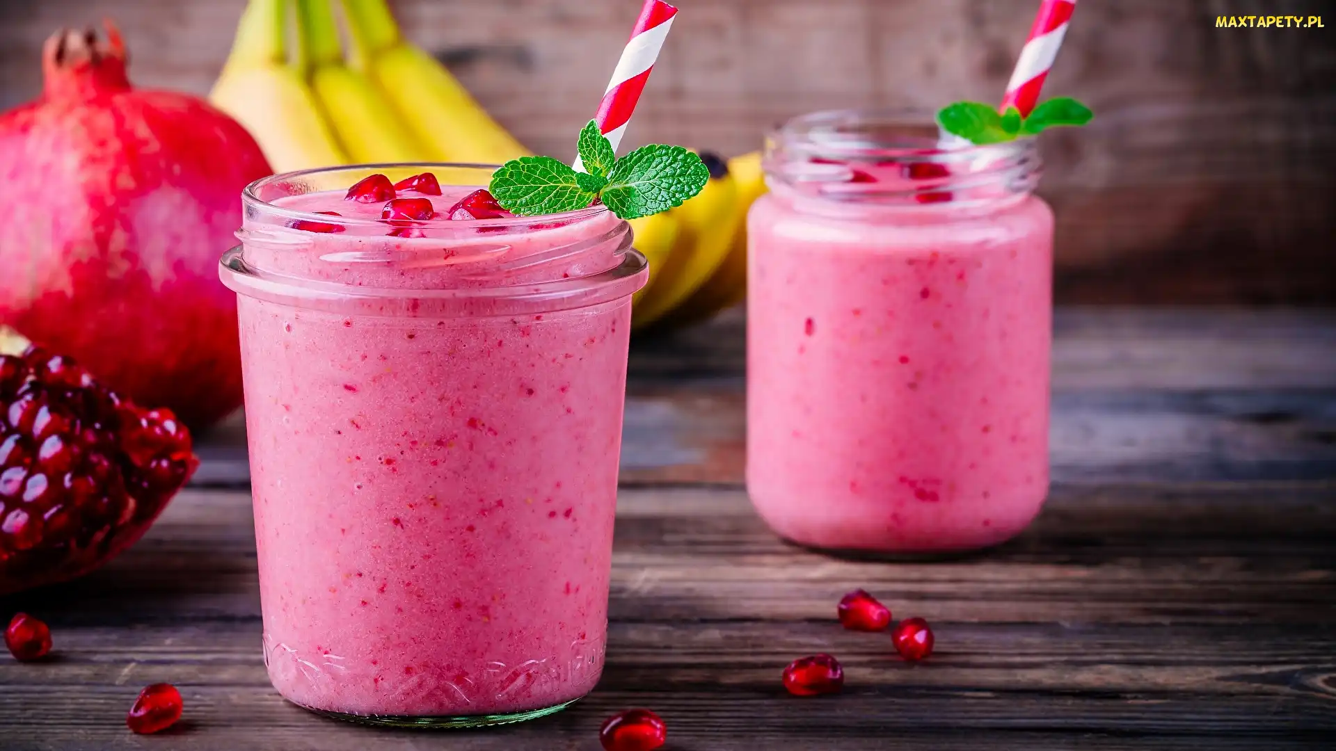 Banany, Granat, Smoothie, Deski, Słomka, Napój, Słoik