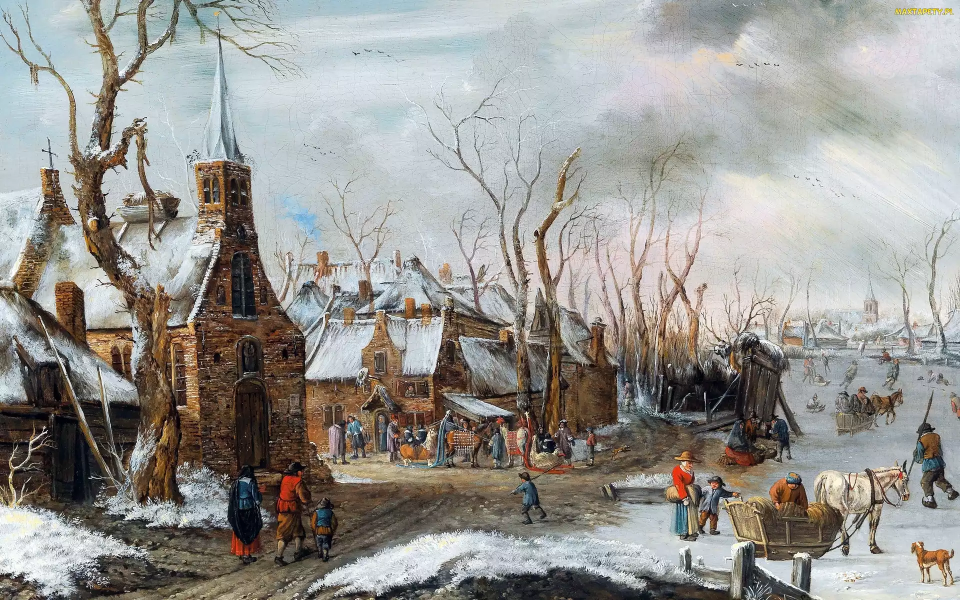 Kościół, Ludzie, Obraz, Zima, Targ, Malarstwo, Salomon Rombouts