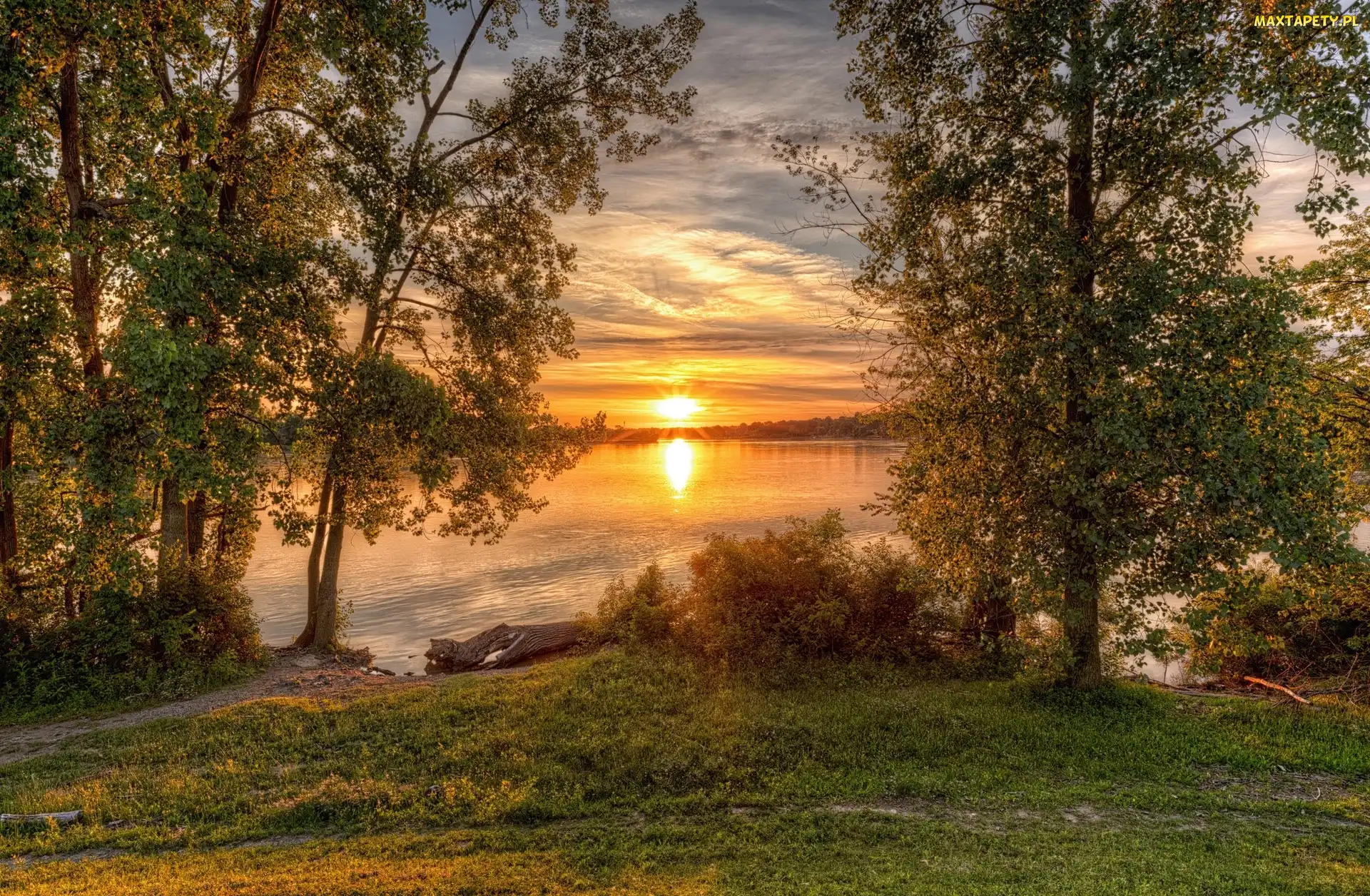 Chmury, Drzewa, Wschód słońca, Jezioro