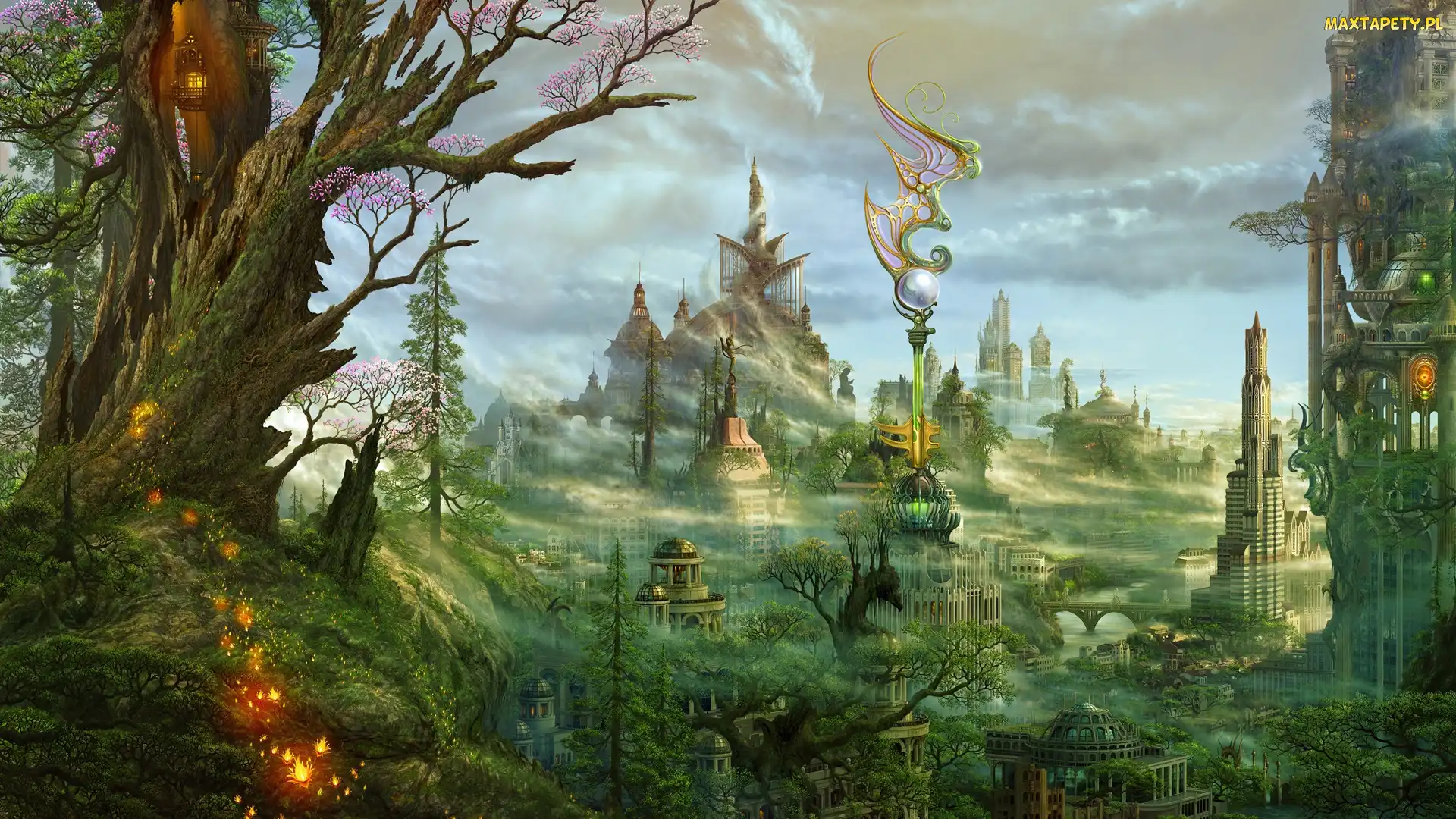 Drzewa, Budynki, Fantasy, Miasto
