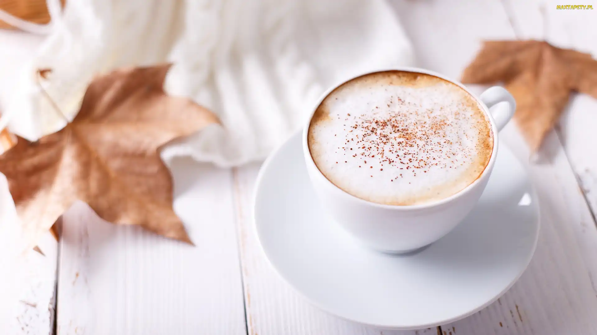 Cappuccino, Kawa, Filiżanka, Białe, Deski, Biała, Liście