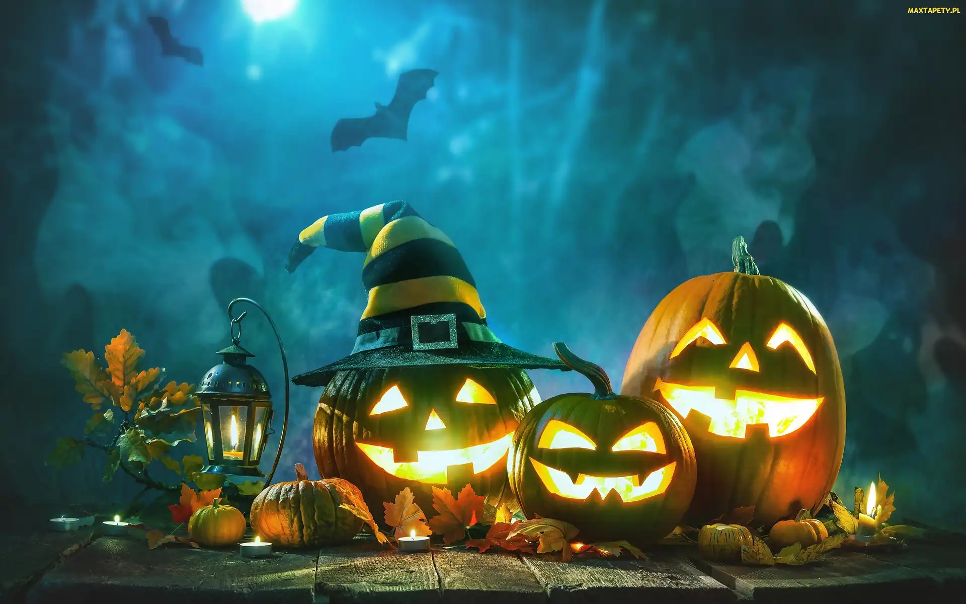 Halloween, Noc, Lampion, Dynie, Liście, Nietoperze