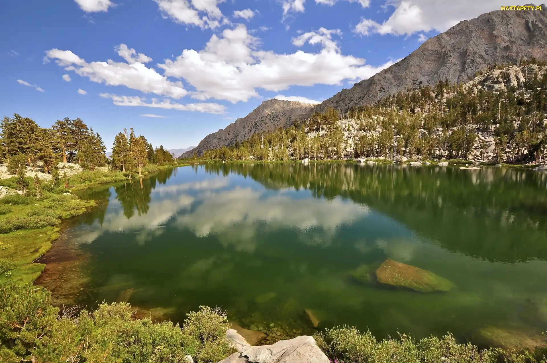 Roślinność, Góry Sierra Nevada, Jezioro Gilbert Lake, Stany Zjednoczone, Miejsce John Muir Wilderness, Chmury, Stan Kalifornia, Drzewa