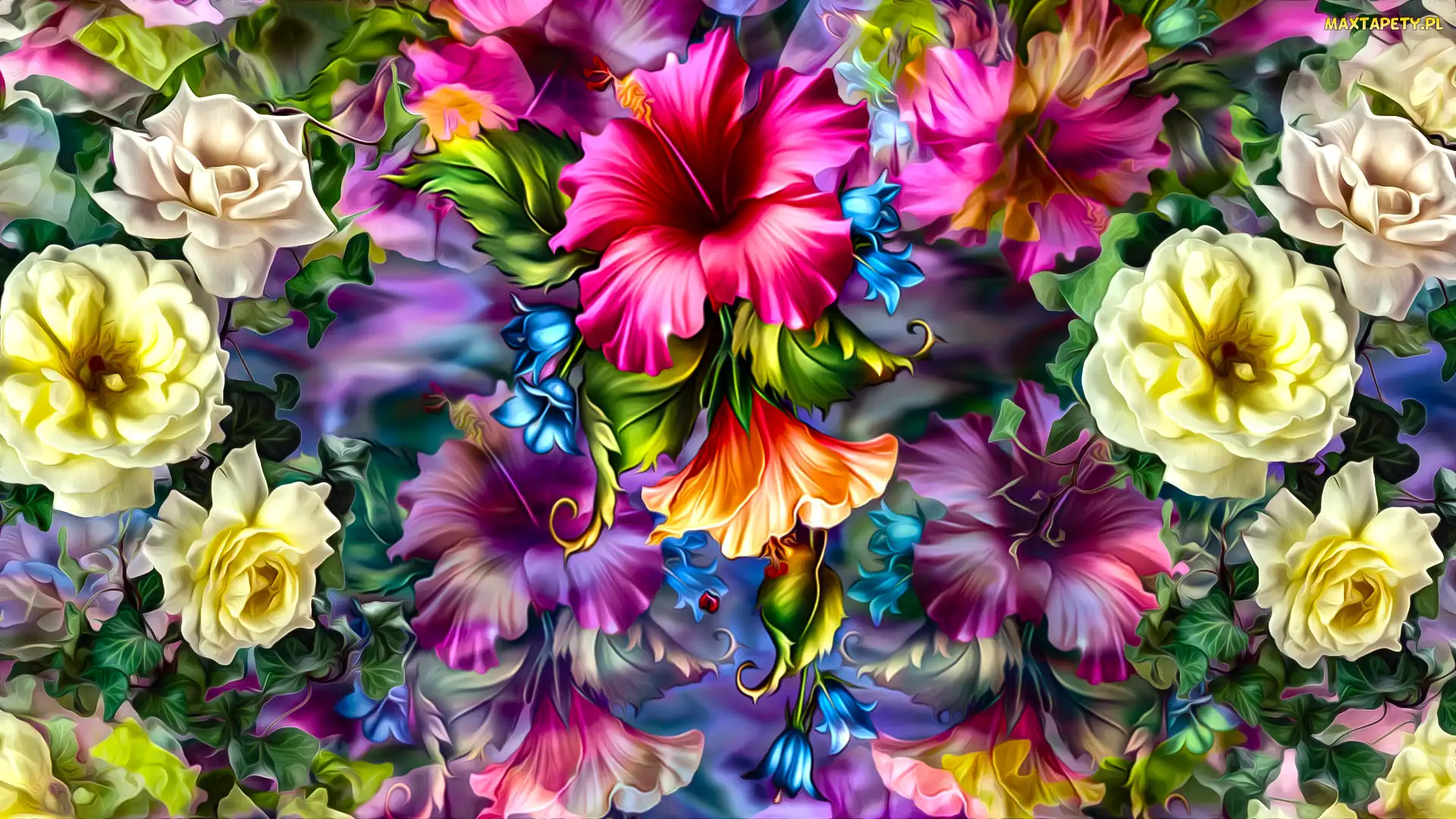 Grafika, Róża, Kwiaty, Hibiskus