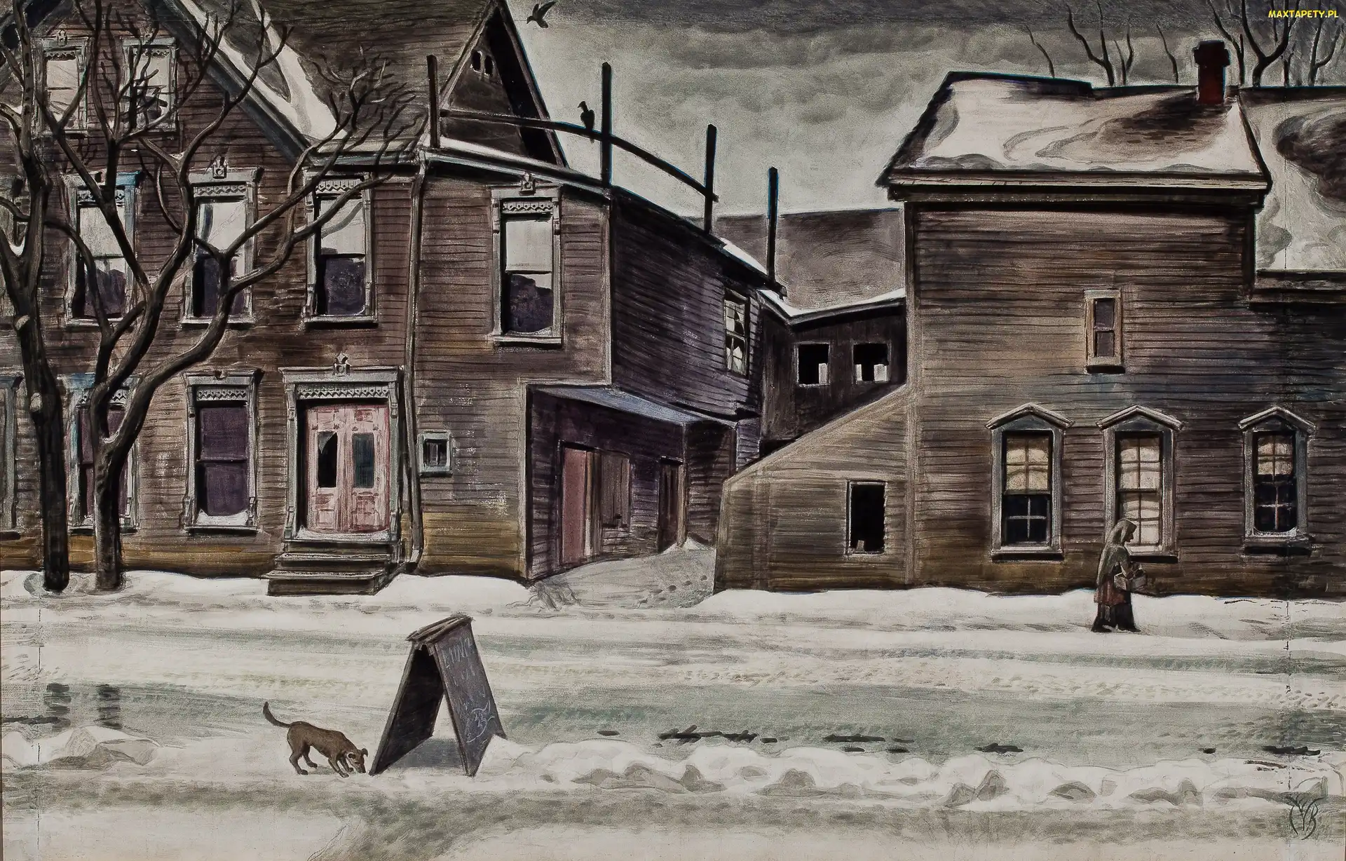 Domy, Old Houses in Winter, Charles Ephraim Burchfield, Zima, Tytuł, Malarstwo, Akwarela