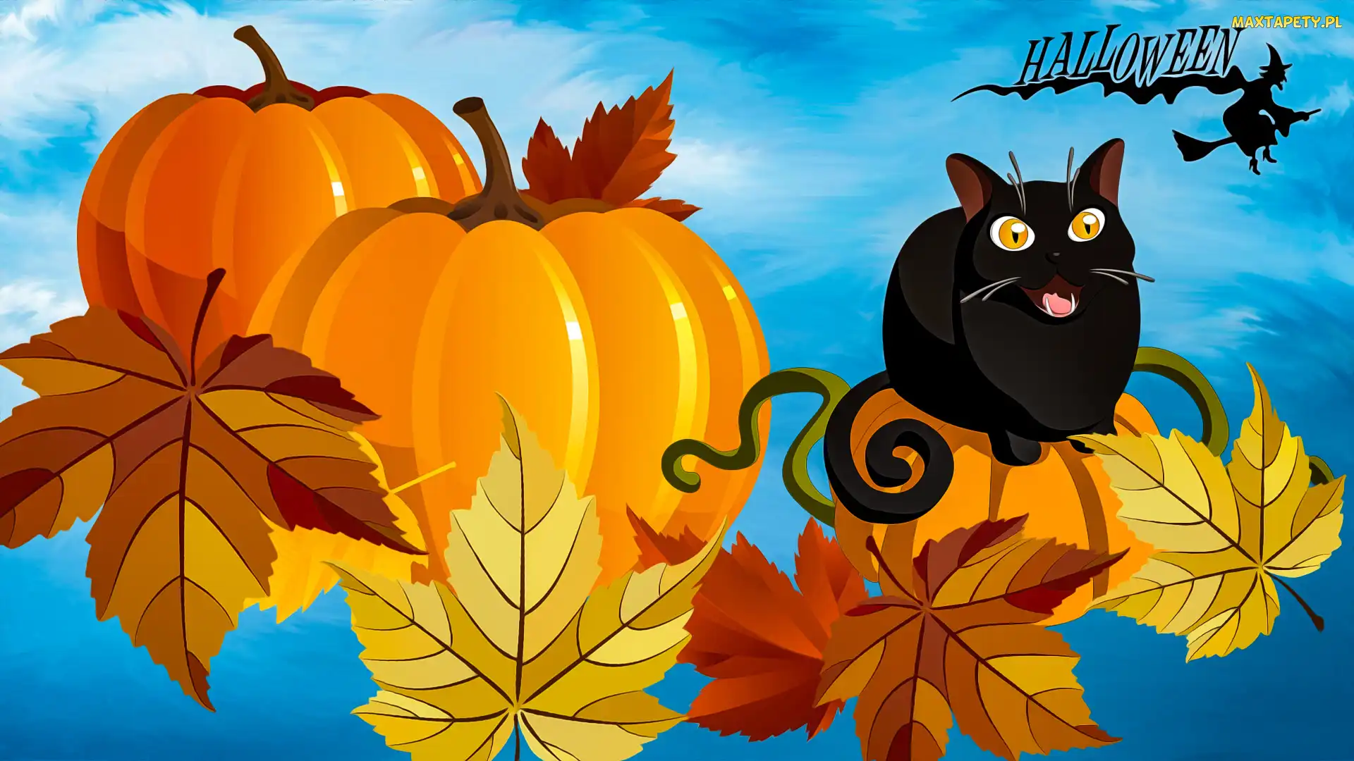 Grafika, Napis, Dynia, Halloween, Liście, Kot