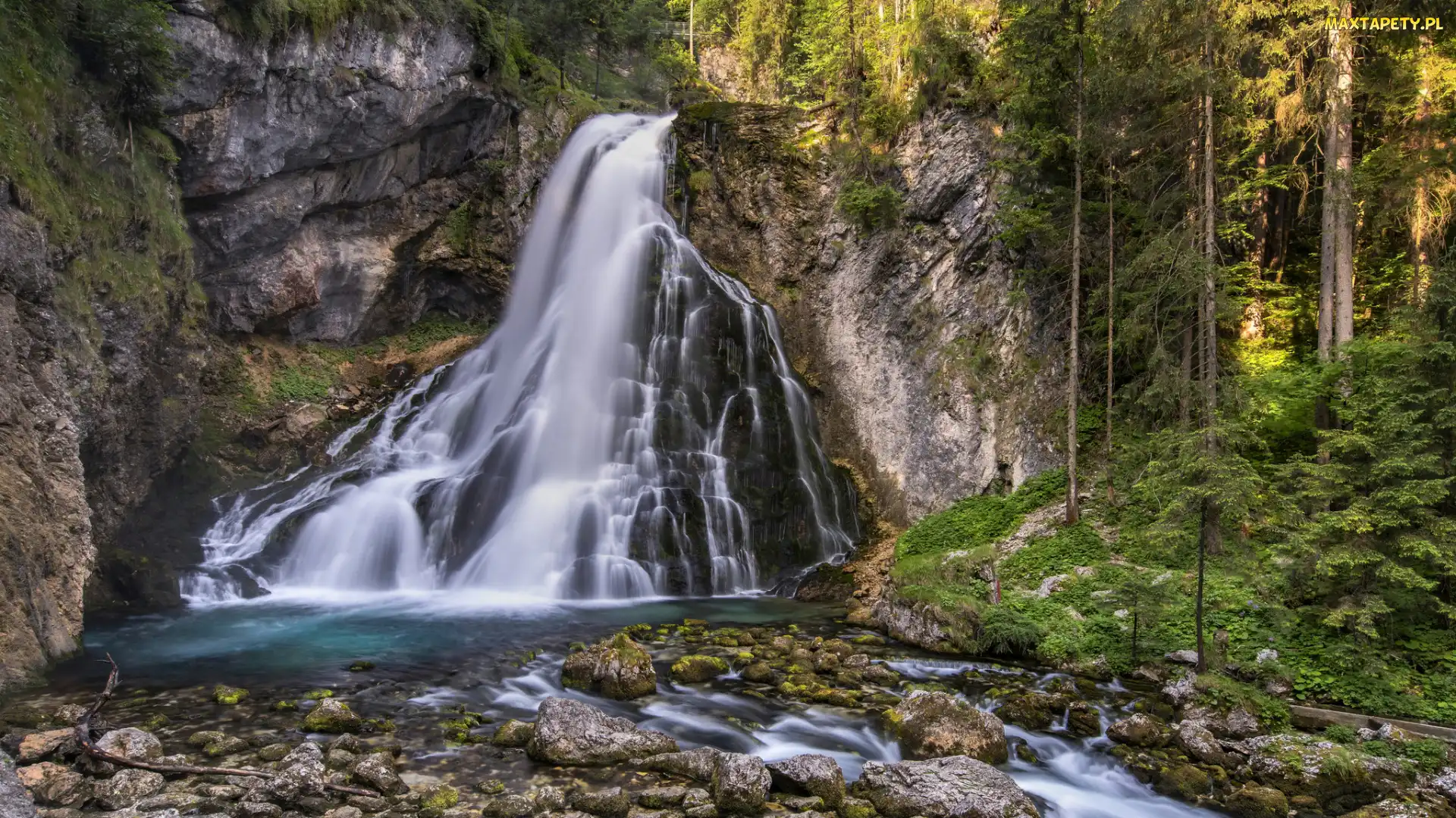 Austria, Rzeka, Drzewa, Kamienie, Wodospad Gollinger Waterfall, Las, Salzburg, Roślinność, Miejscowość Golling, Skały
