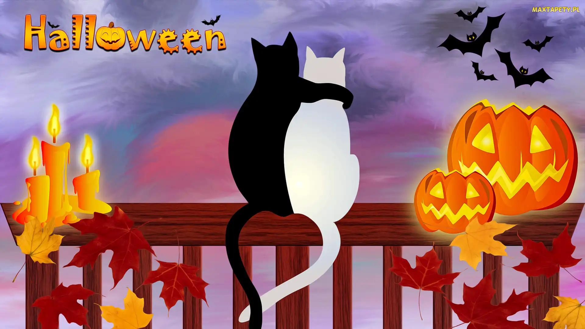 Nietoperze, Liście, Koty, Grafika, Dynia, Halloween, Świeczki