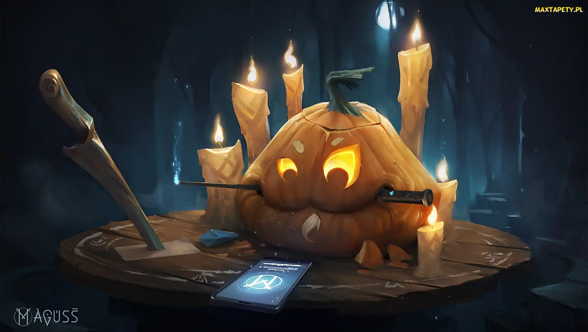 Dynia, Telefon, Świeczki, Nóż, Halloween